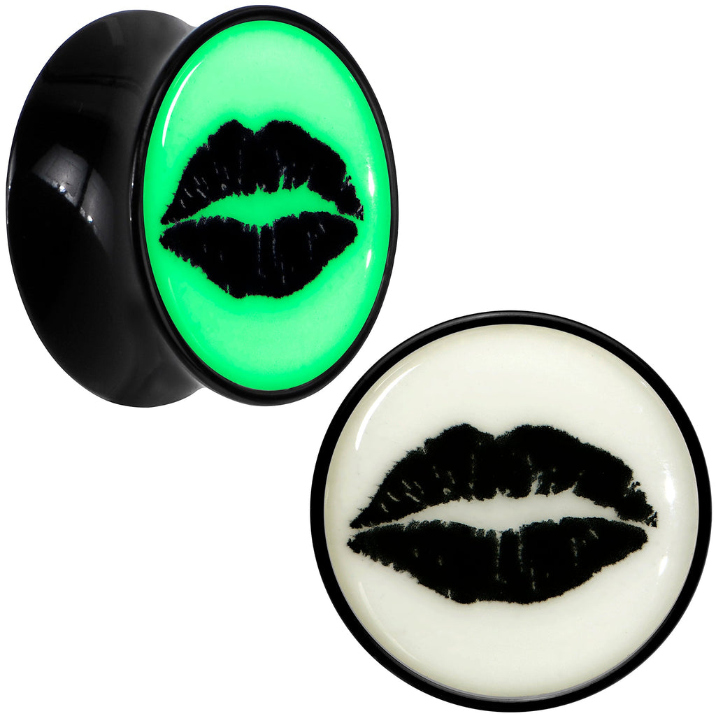 BodyCandy Black Acrylic Lipstick Kiss Glow in Dark Double Flare Plug Set by Onyx O — fabric or material detail