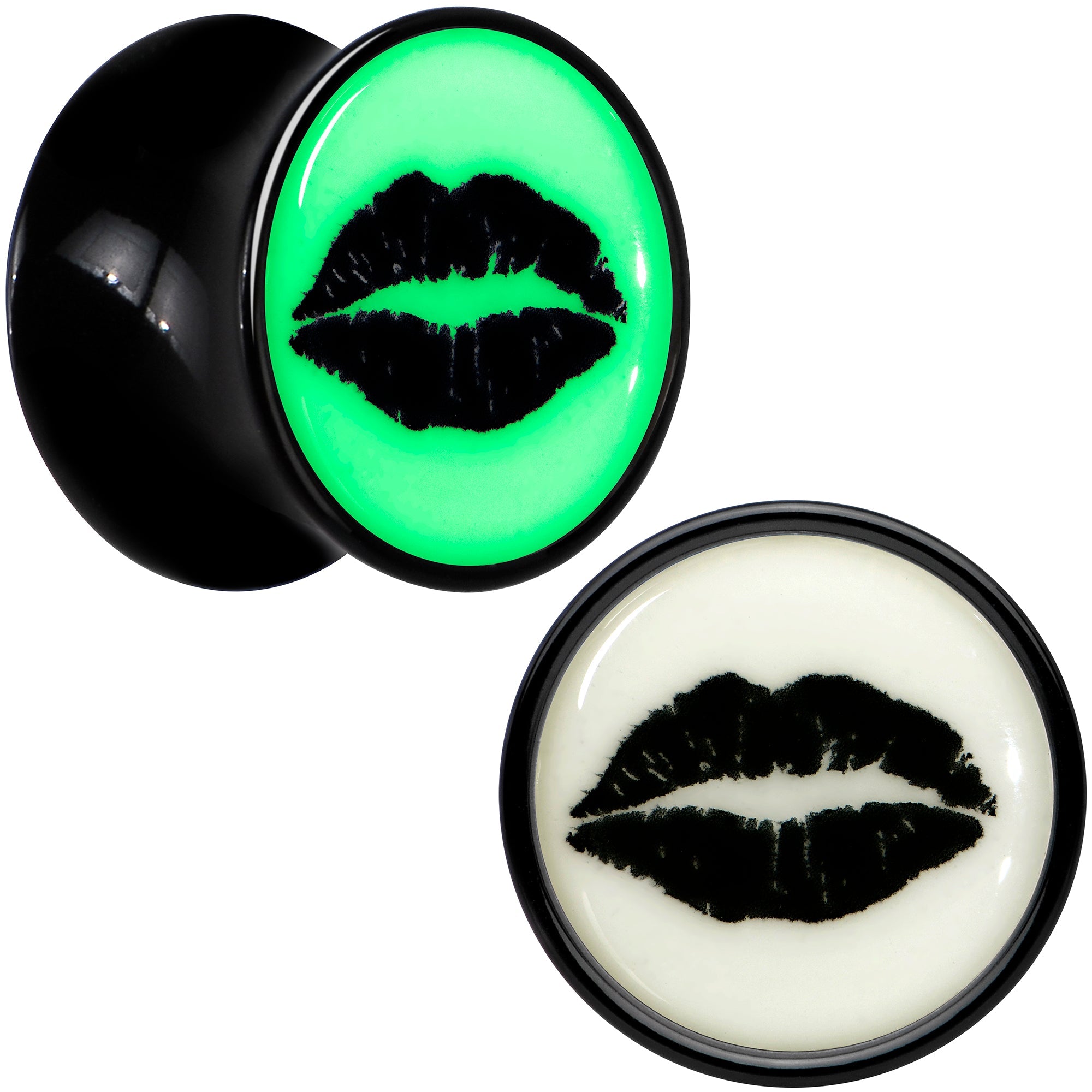 BodyCandy Black Acrylic Lipstick Kiss Glow in Dark Double Flare Plug Set by Onyx O — detail close-up