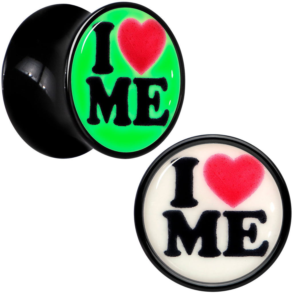 BodyCandy Black Acrylic I Love Me Glow in the Dark Double Flare Plug Set by Onyx O — in-use photo