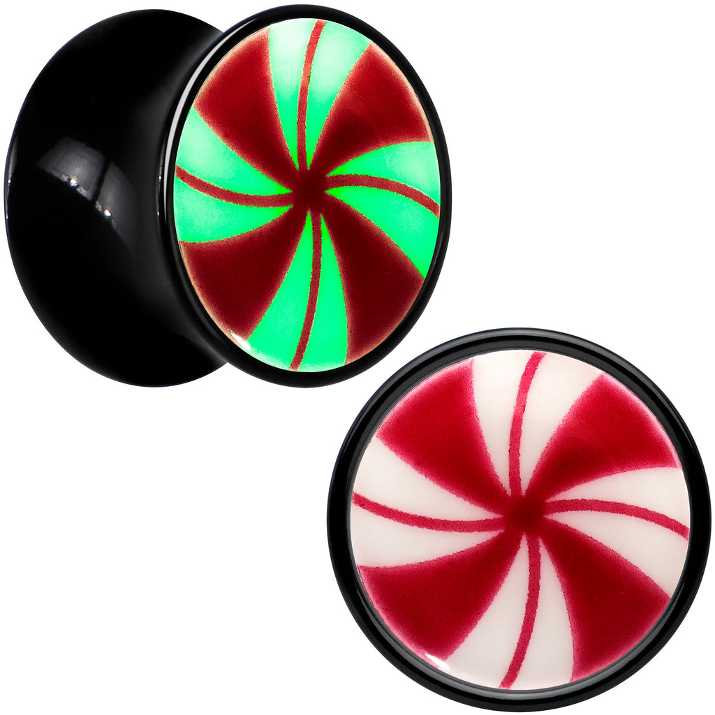 BodyCandy Black Acrylic Peppermint Candy Glow in Dark Double Flare Plug Set by Onyx O — in-use photo