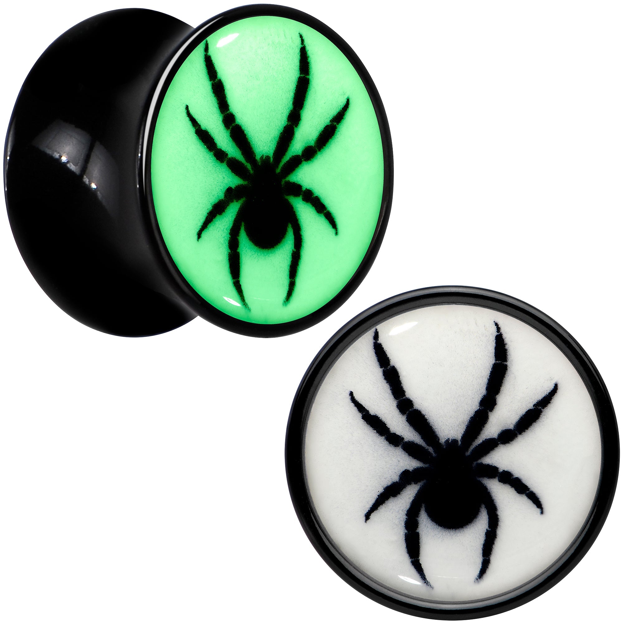BodyCandy Black Acrylic Widow Spider Glow in the Dark Double Flare Plug Set by Onyx O — detail close-up