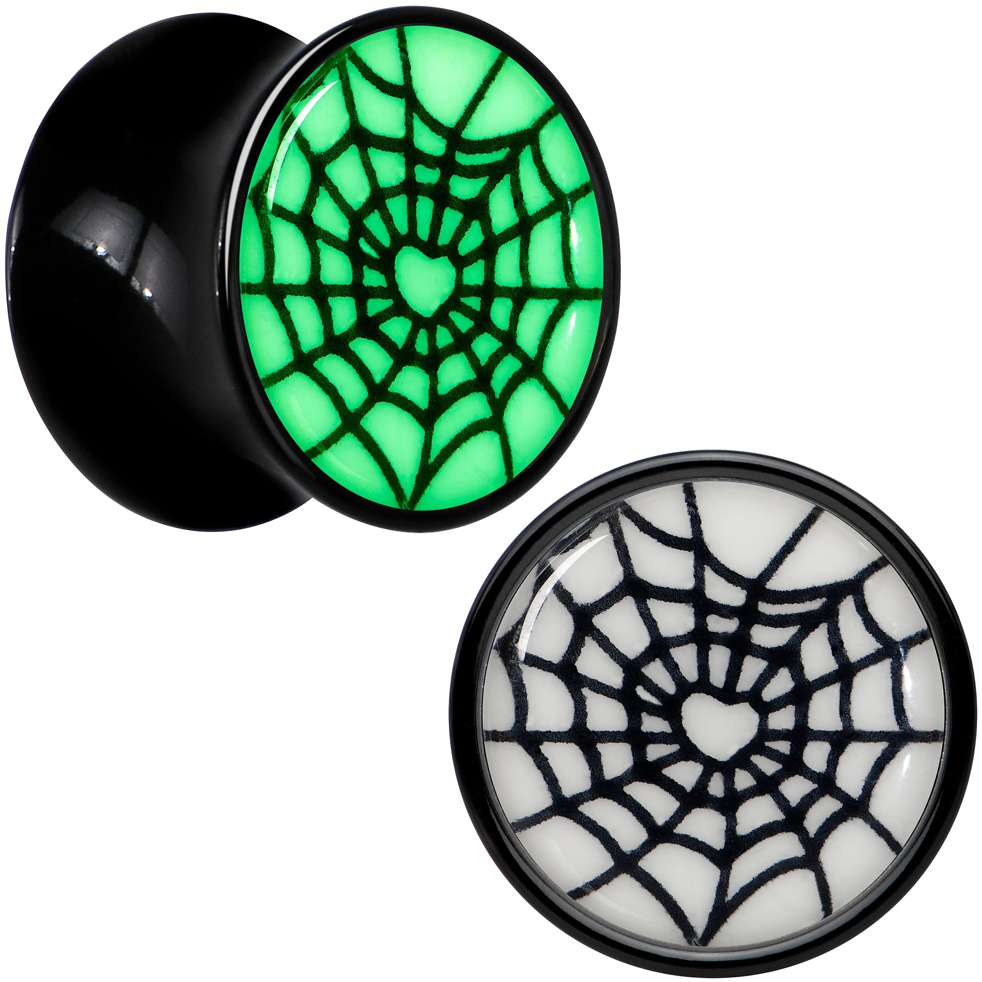 BodyCandy Black Acrylic Heart Spider Web Glow in the Dark Double Flare Plug Set by Onyx O — detail close-up