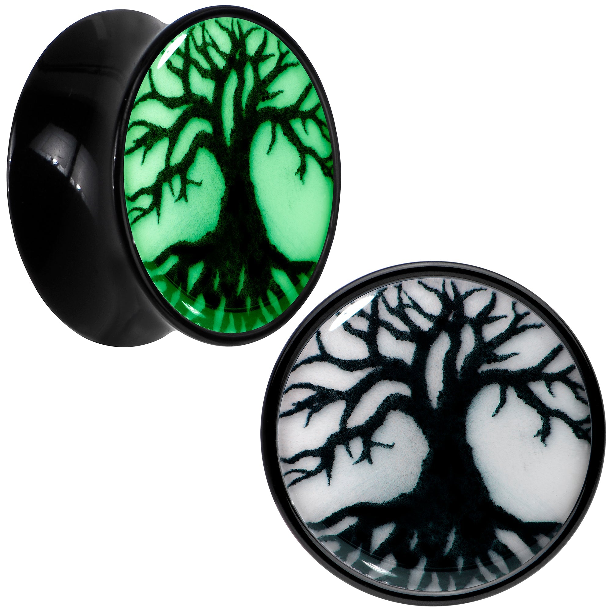 BodyCandy Black Acrylic Tree Of Life Glow in the Dark Double Flare Plug Set by Onyx O — packaging