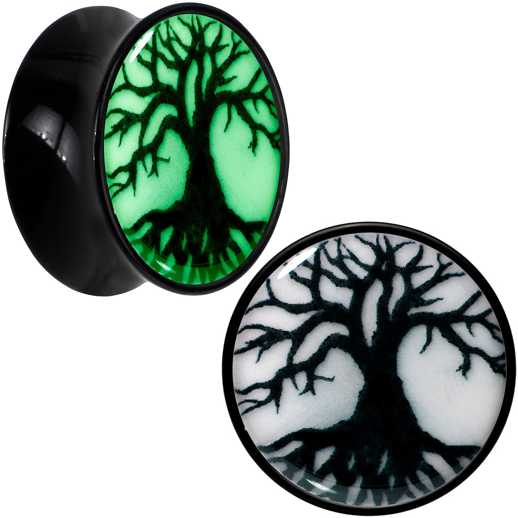 BodyCandy Black Acrylic Tree Of Life Glow in the Dark Double Flare Plug Set by Onyx O — comparison shot