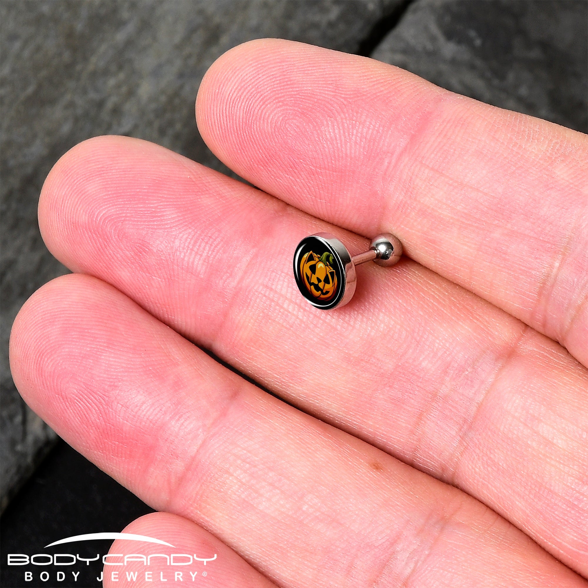 BodyCandy 16G 1/4  Pumpkin Cat Jack-O-Lantern Tragus Cartilage Earring by Onyx O — detail close-up