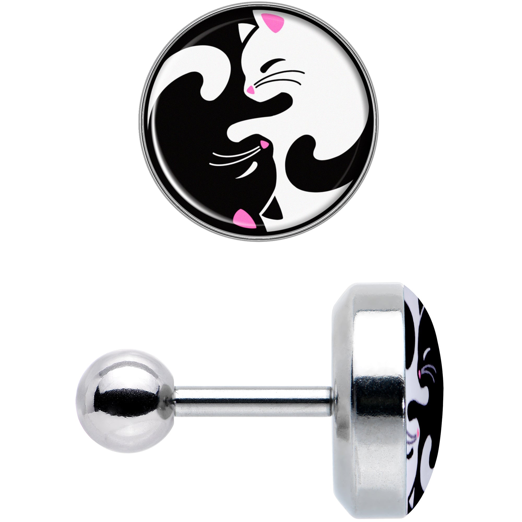 BodyCandy 16G 1/4 Cute Kitty Cat Yin Yang Cartilage Tragus Earring by Onyx O — detail close-up