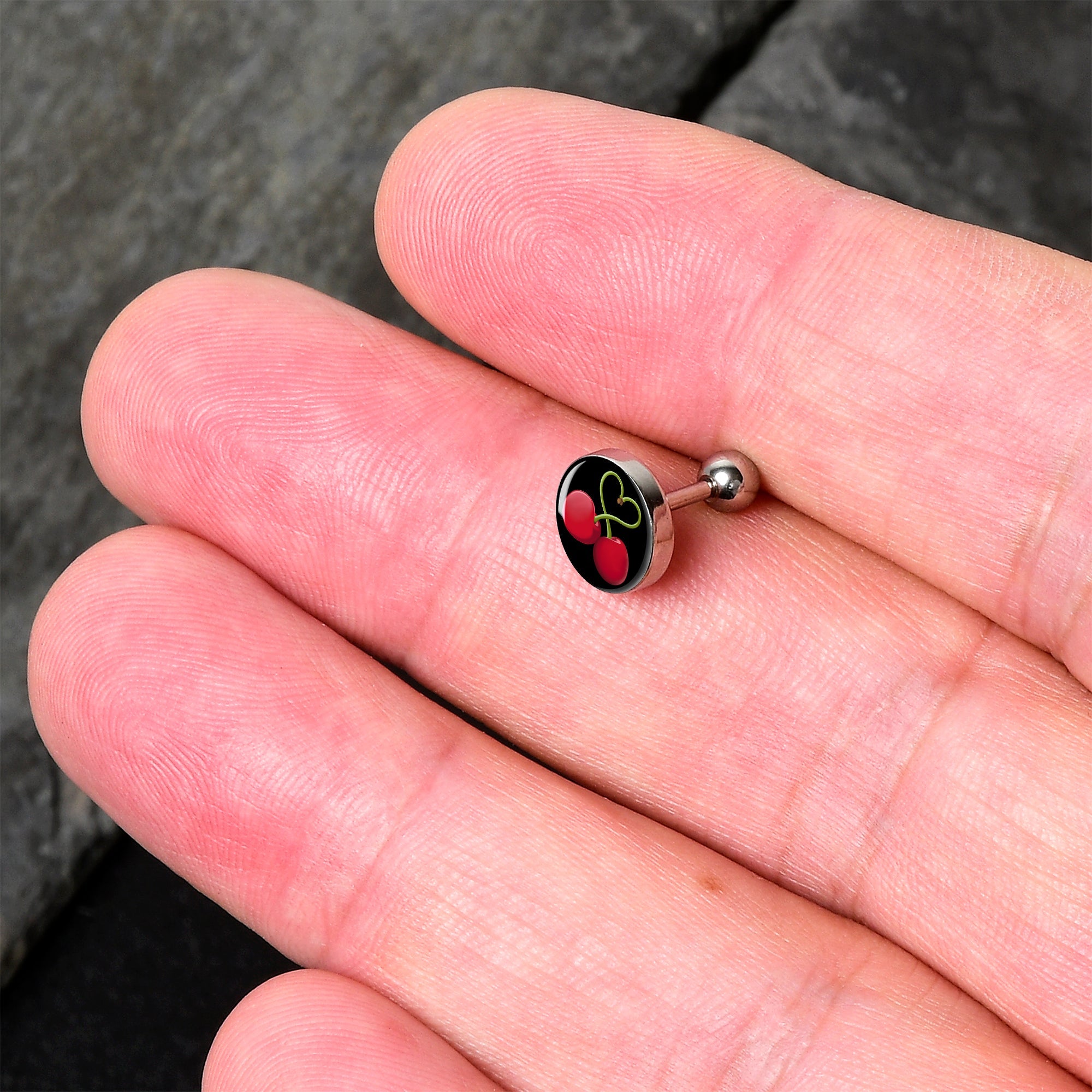 BodyCandy 16G 1/4 Cherry Heart Cartilage Tragus Earring by Onyx O — detail close-up