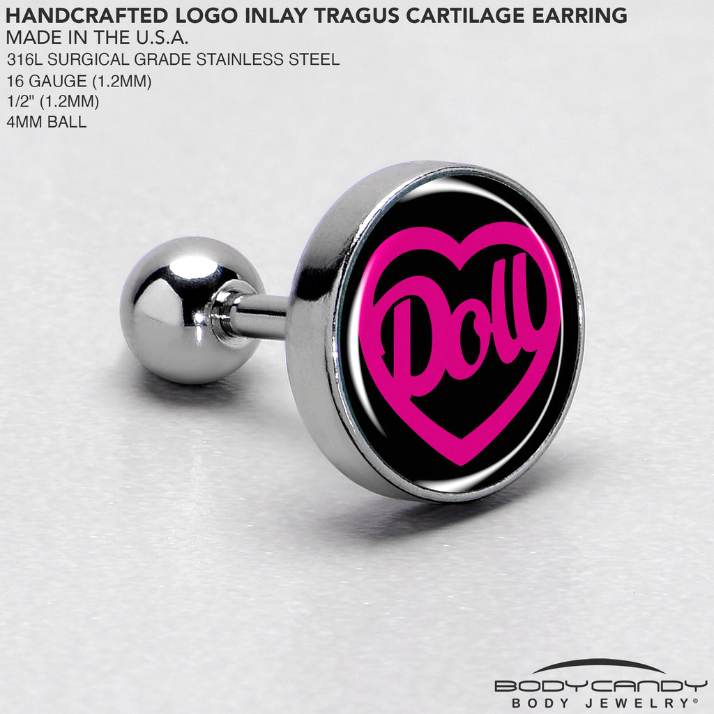 BodyCandy 16G 1/4 Hollow Heart Doll Word Tragus Cartilage Earring by Onyx O — side view