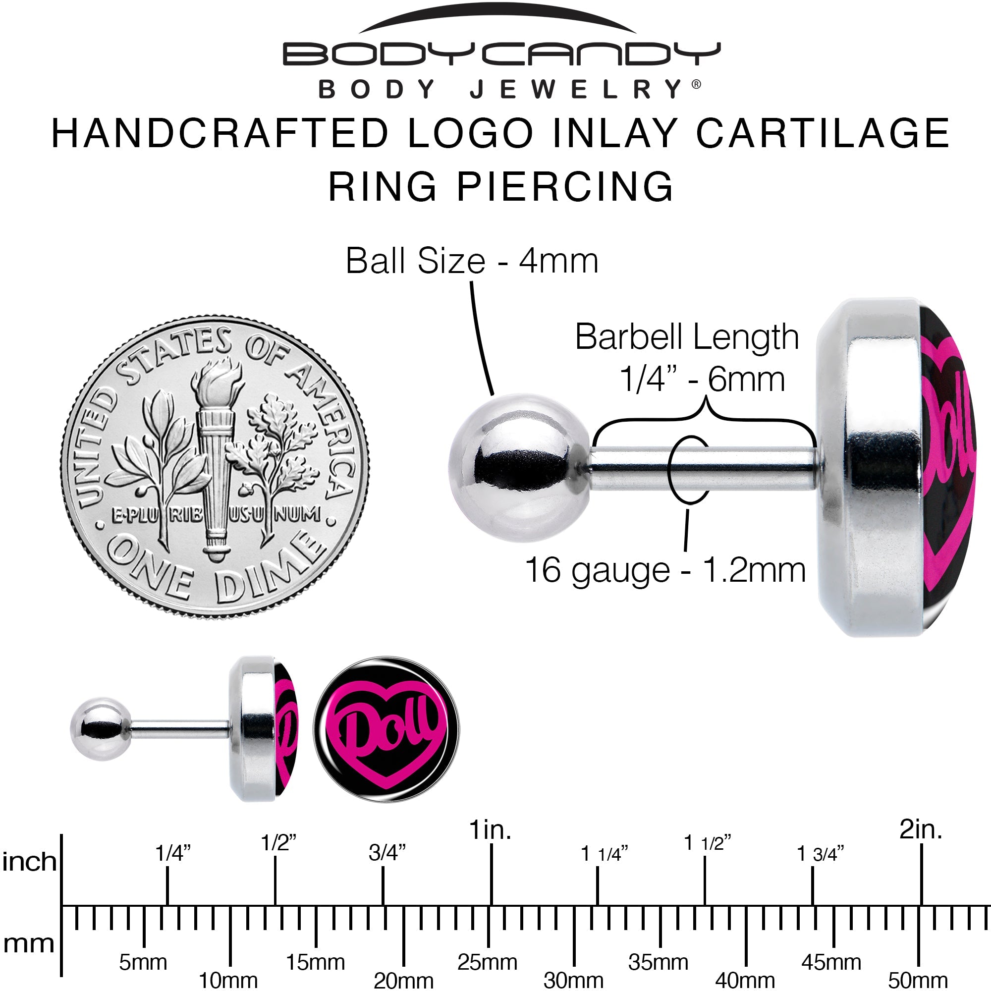 BodyCandy 16G 1/4 Hollow Heart Doll Word Tragus Cartilage Earring by Onyx O — alternative angle