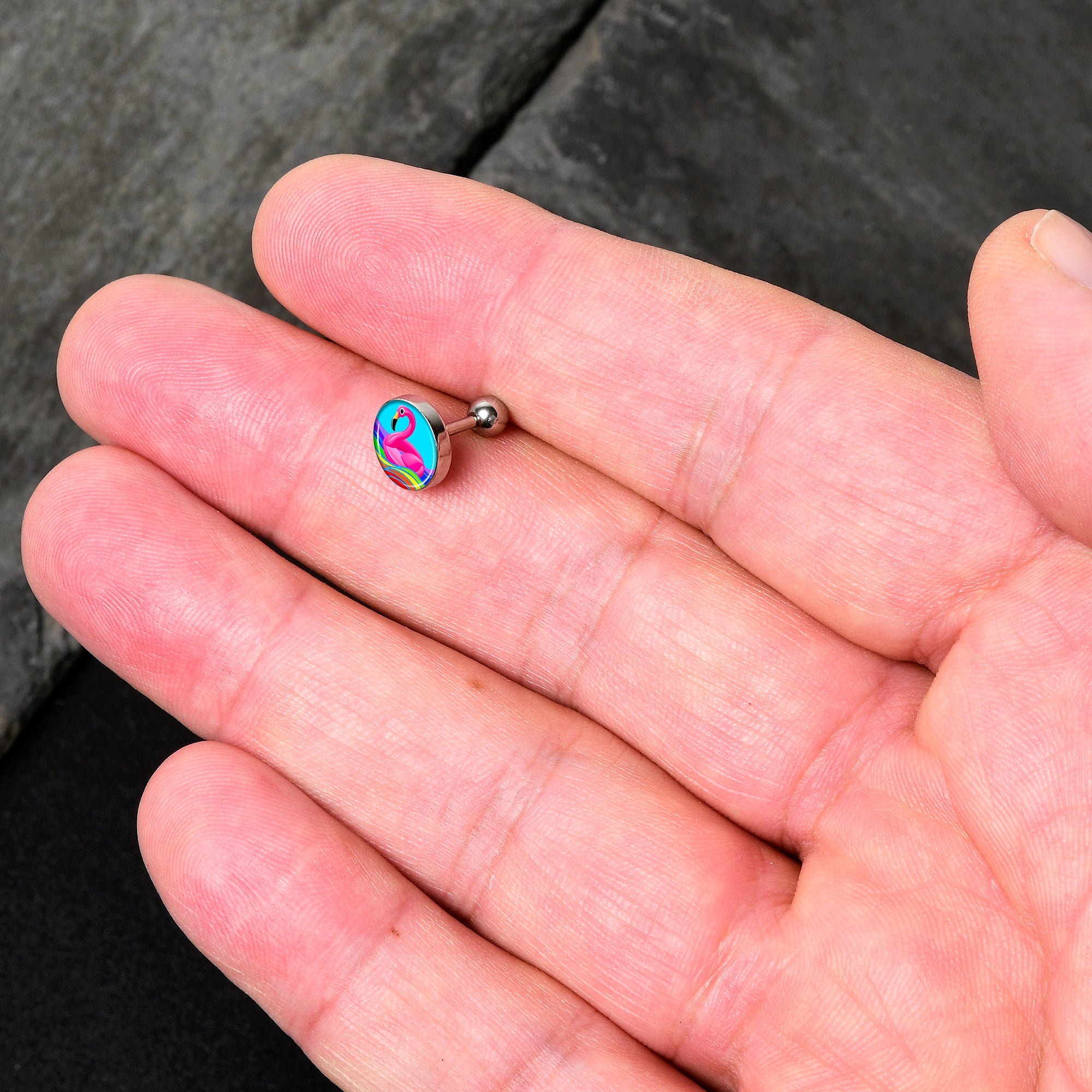 BodyCandy 16G 1/4 Rainbow Sea Floating Flamingo Cartilage Tragus Earring by Onyx O — detail close-up