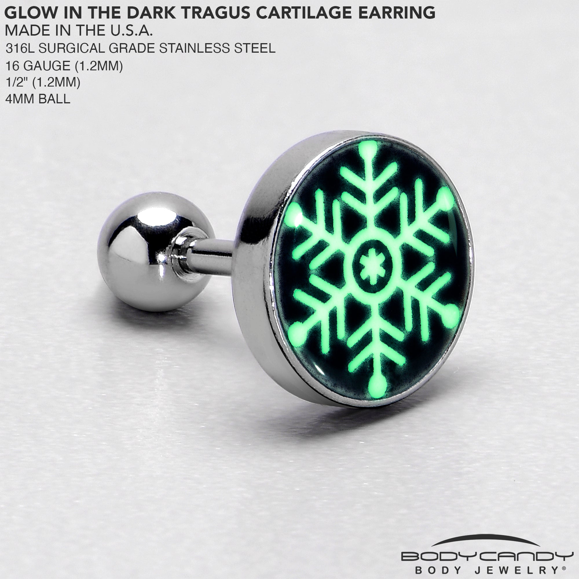 BodyCandy Glow in the Dark Holiday Christmas Tree Tragus Cartilage Earring by Onyx O — in-use photo