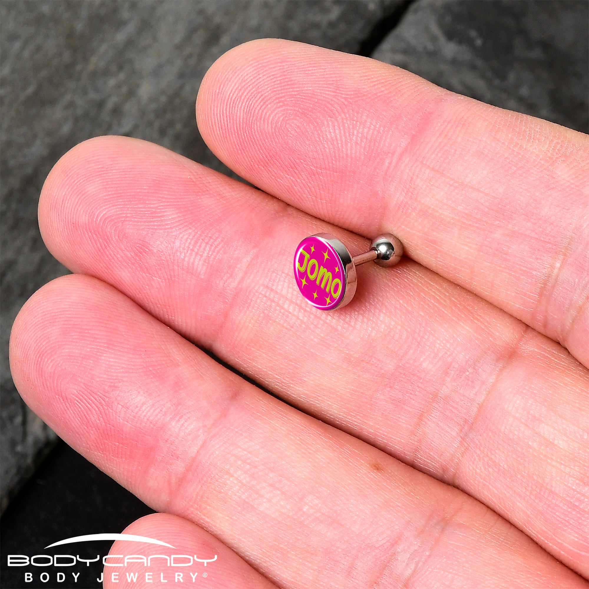 BodyCandy 16G 1/4 Pink JOMO Tragus Cartilage Earring by Onyx O — detail close-up