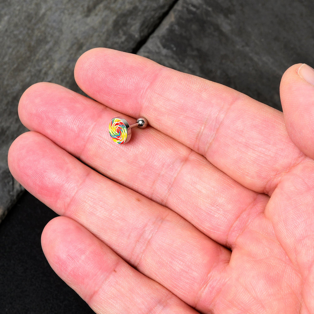 BodyCandy 16G 1/4 Rainbow Swirl Lollipop Cartilage Tragus Earring by Onyx O — detail close-up