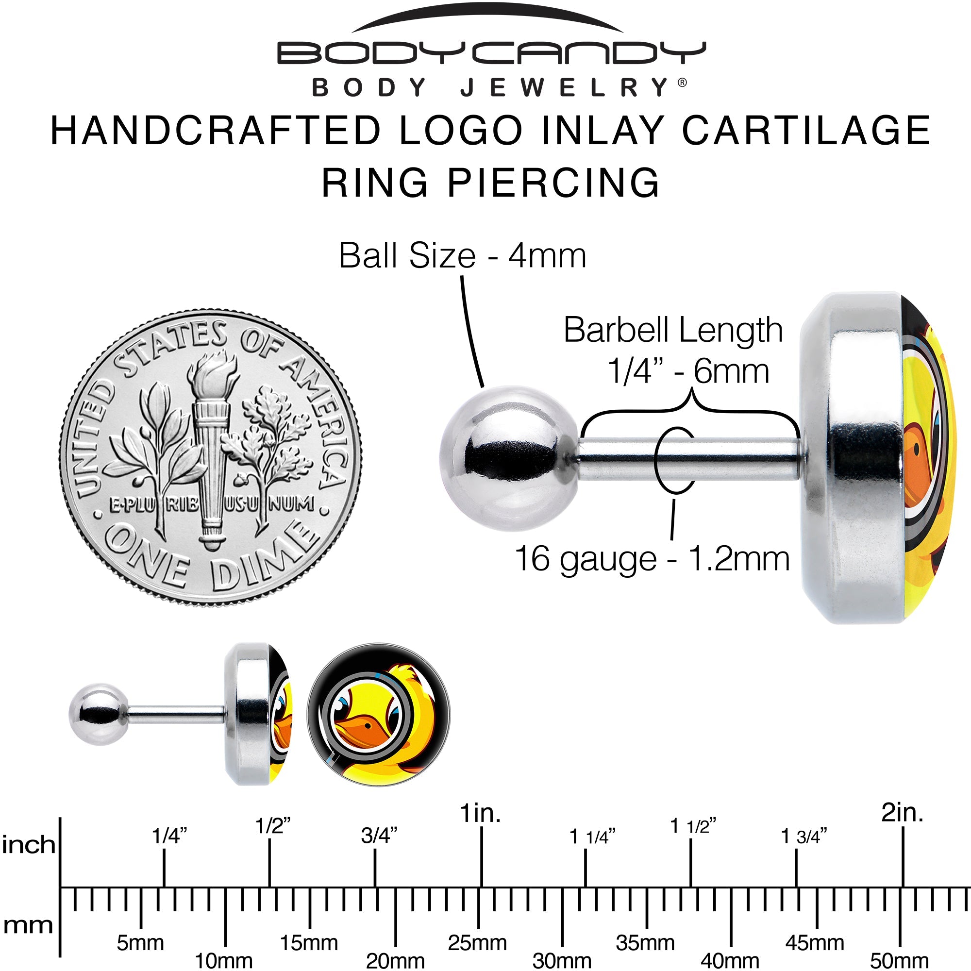 BodyCandy 16G 1/4 Magnified Yellow Duck Cartilage Tragus Earring by Onyx O — alternative angle