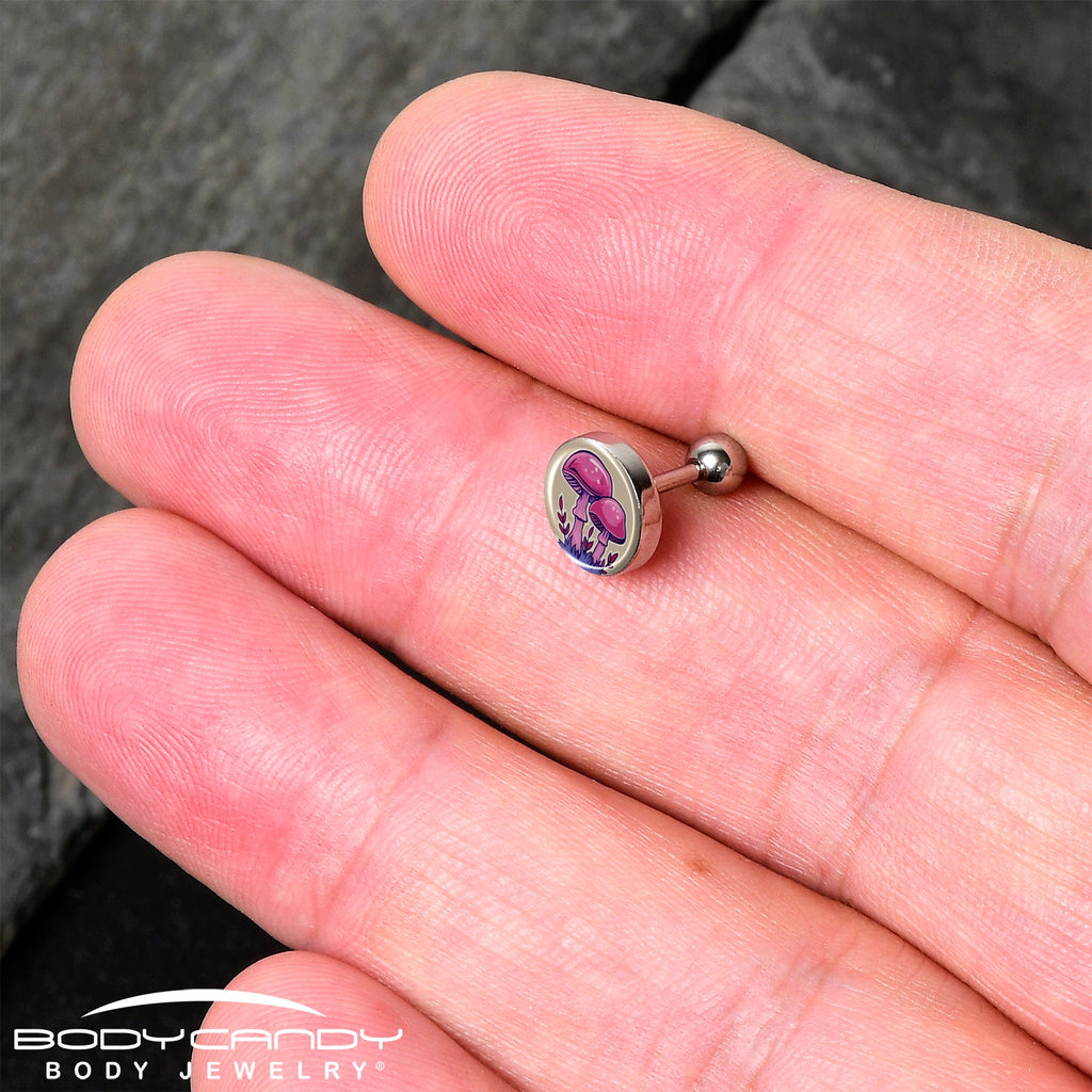 BodyCandy 16G 1/4 Artist Drawn Pink Mushrooms Tragus Cartilage Earring by Onyx O — detail close-up
