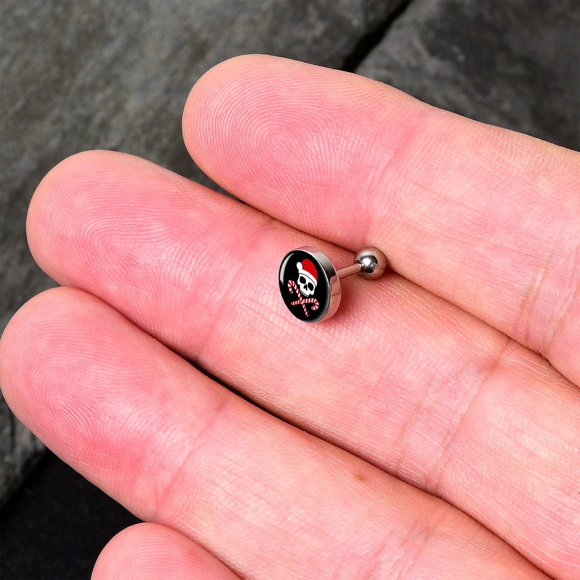 BodyCandy 16G 1/4 Santa Pirate Candy Cane Tragus Cartilage Earring by Onyx O — detail close-up