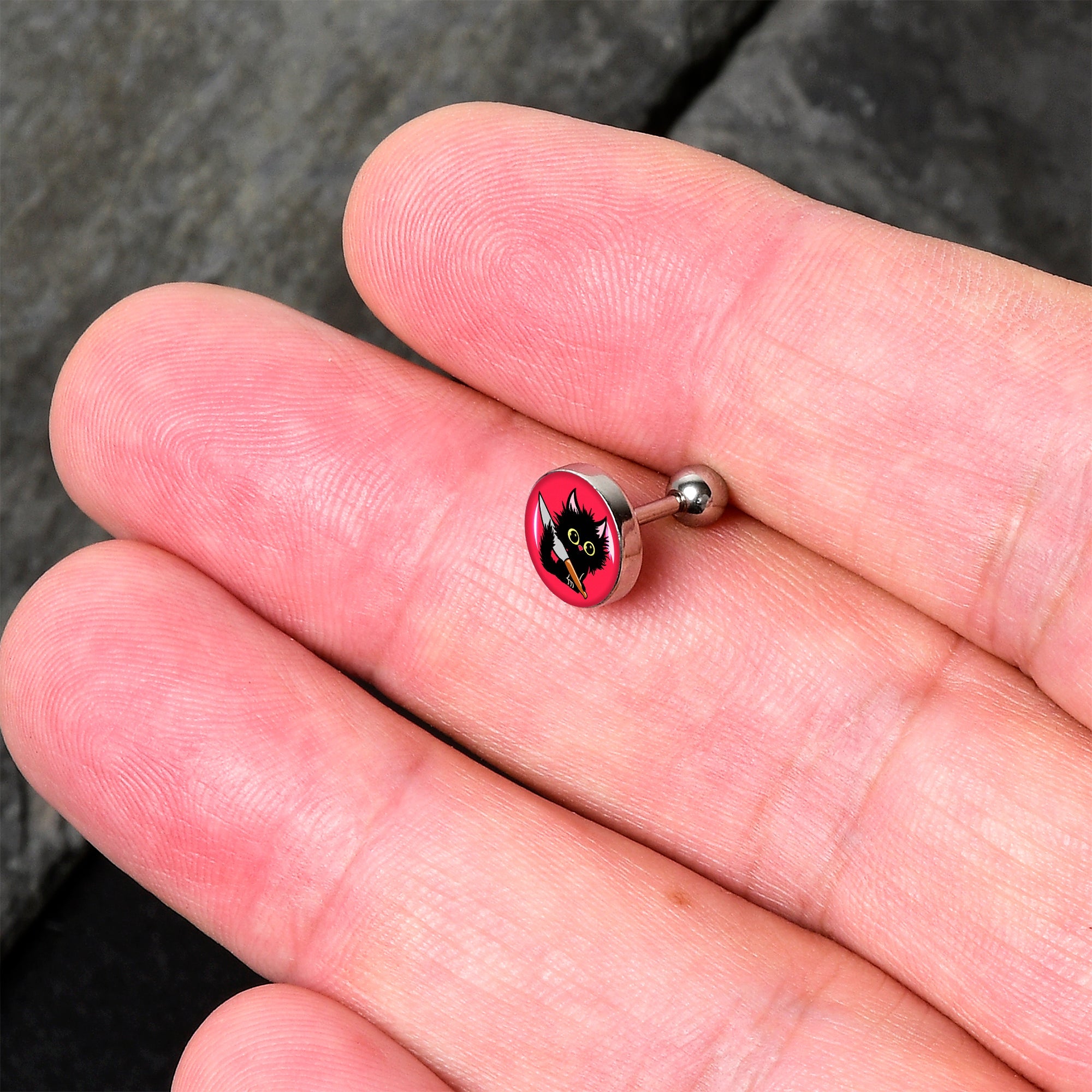 BodyCandy 16G 1/4 Stabby Cat Tragus Cartilage Earring by Onyx O — detail close-up