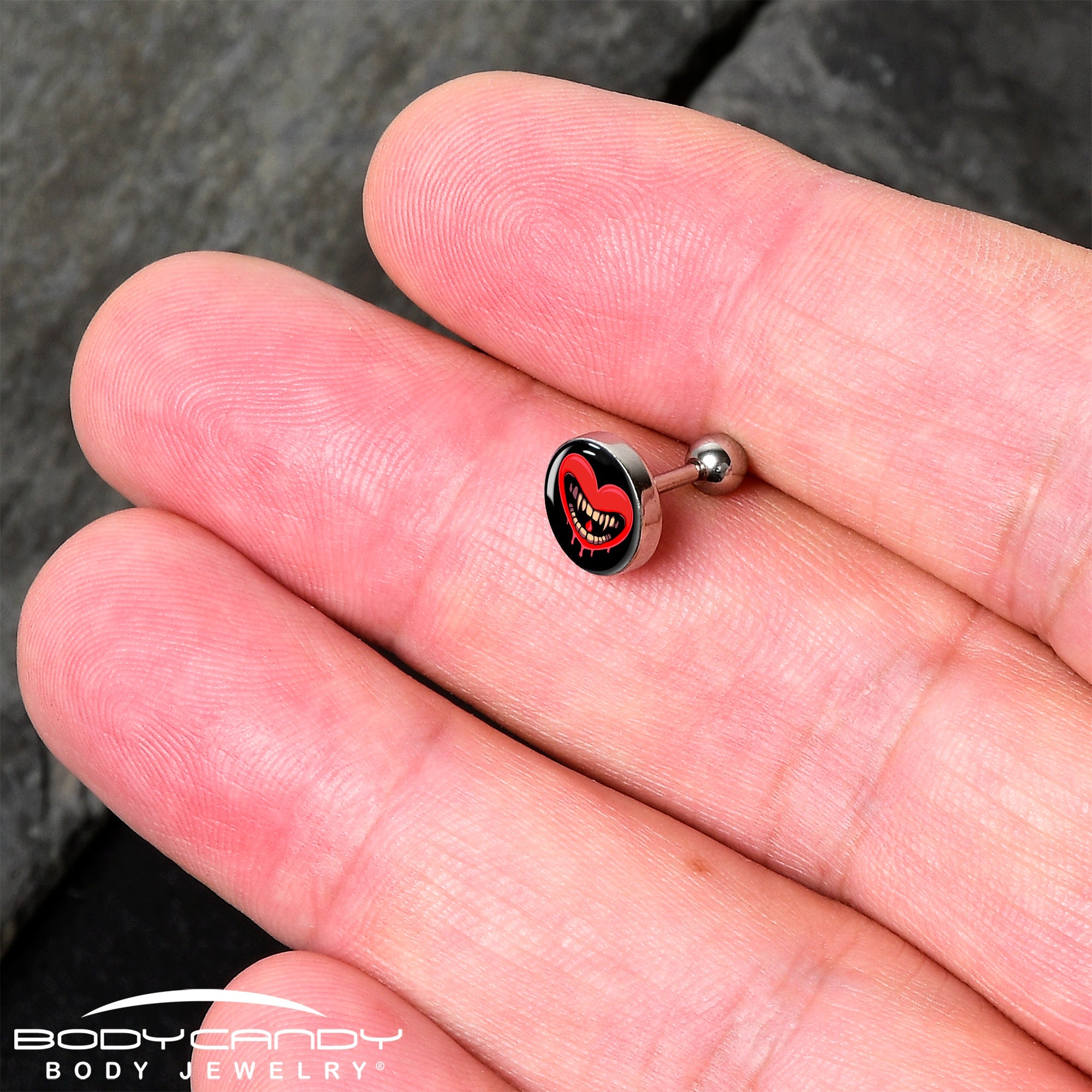 BodyCandy 16G Valentine Heart Vampire Tragus Cartilage Earring — detail close-up