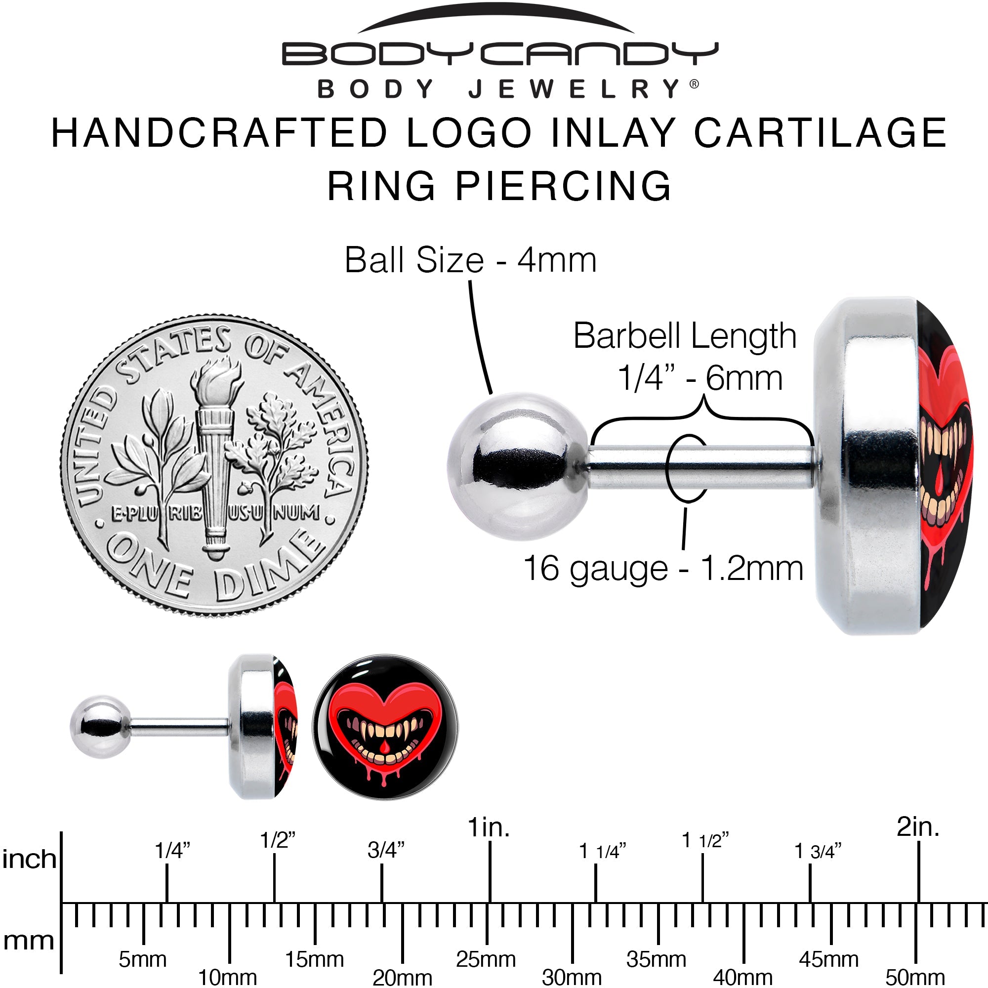 BodyCandy 16G Valentine Heart Vampire Tragus Cartilage Earring — alternative angle