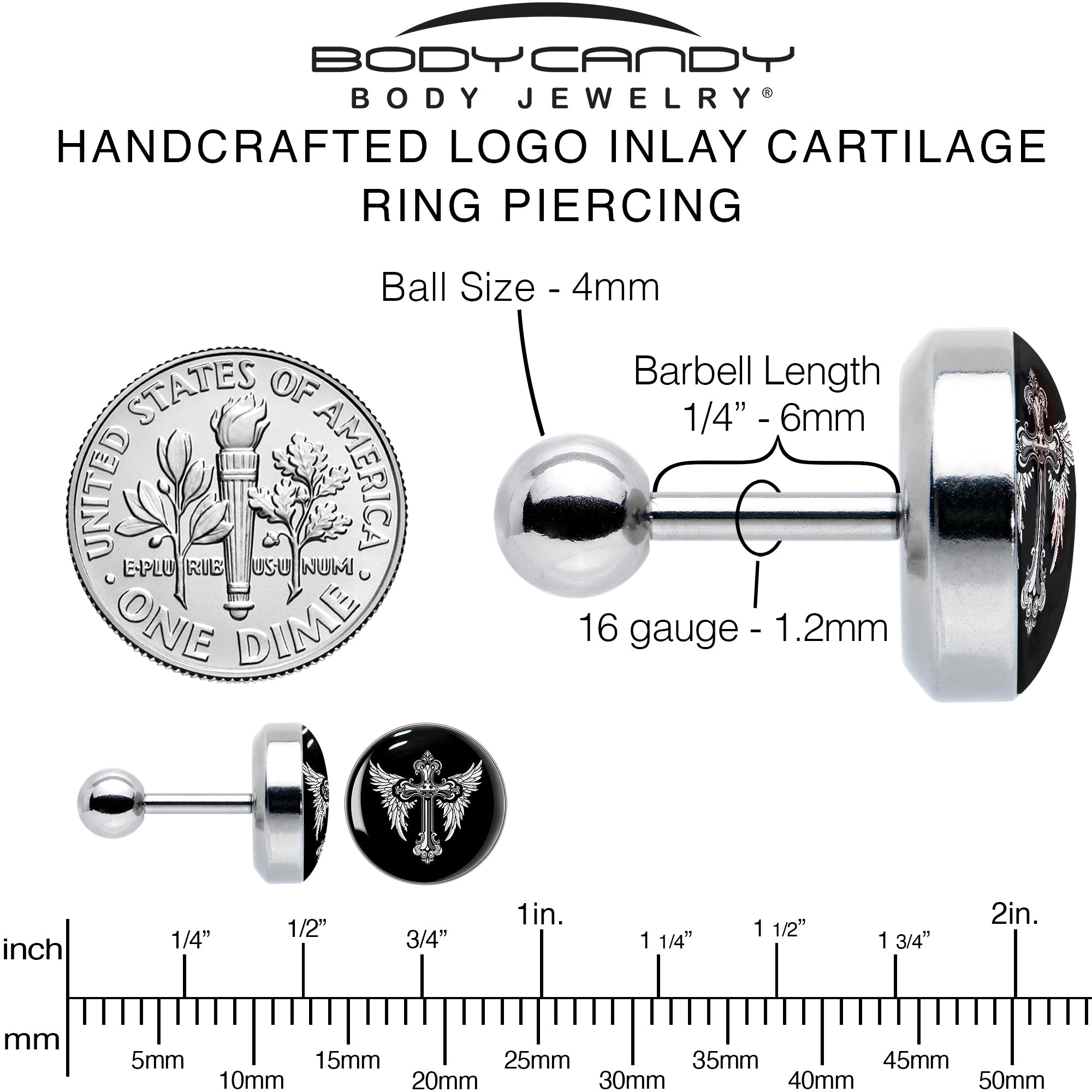 BodyCandy 16G 1/4 Black White Winged Cross Tragus Cartilage Earring by Onyx O — alternative angle