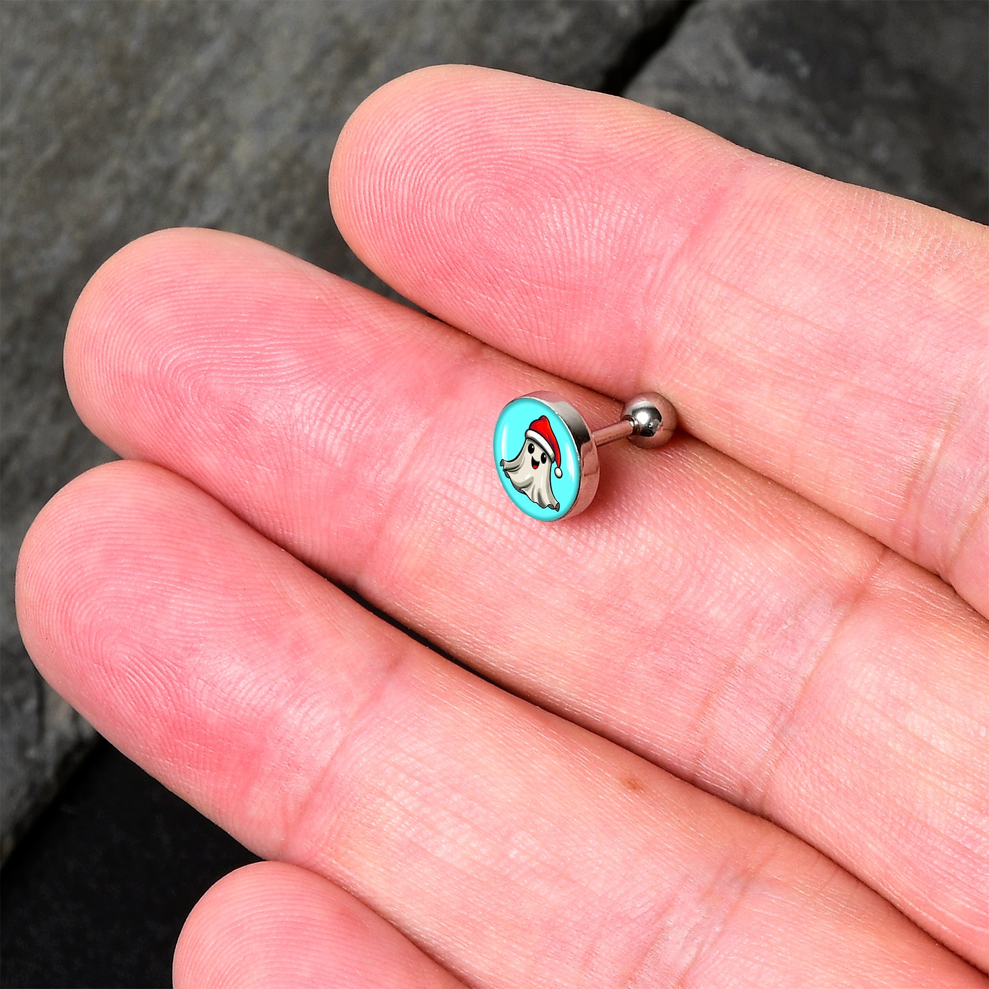 BodyCandy 16G 1/4 Holiday Christmas Spirit Ghost Tragus Cartilage Earring by Onyx O — detail close-up