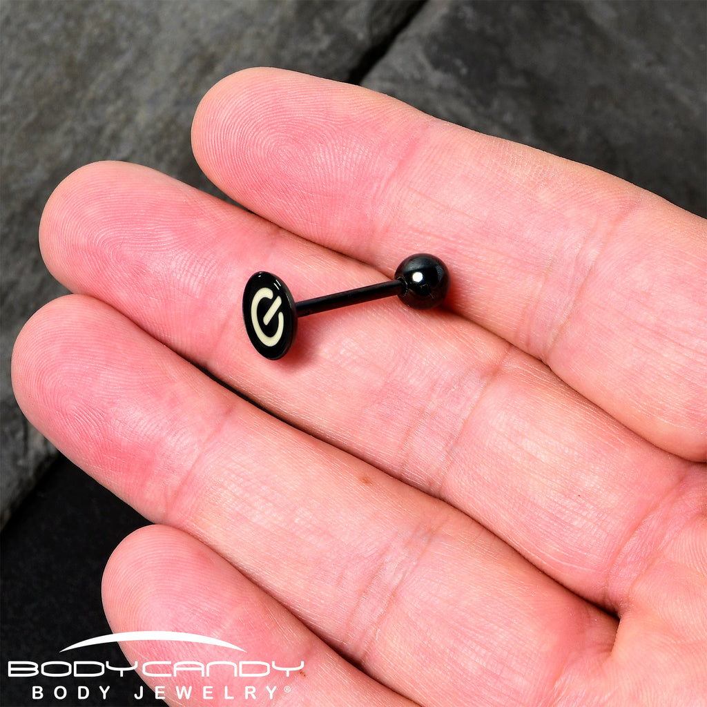 BodyCandy Power Button Glow in the Dark Black Anodized Barbell Tongue Ring — fabric or material detail