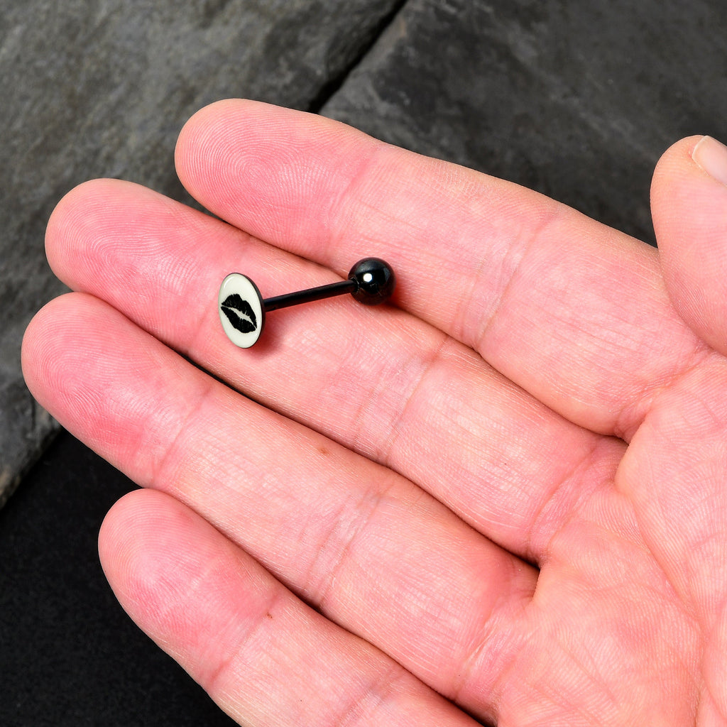 BodyCandy Black Glow in the Dark Lipstick Kiss Mark Barbell Tongue Ring by Onyx O — side view