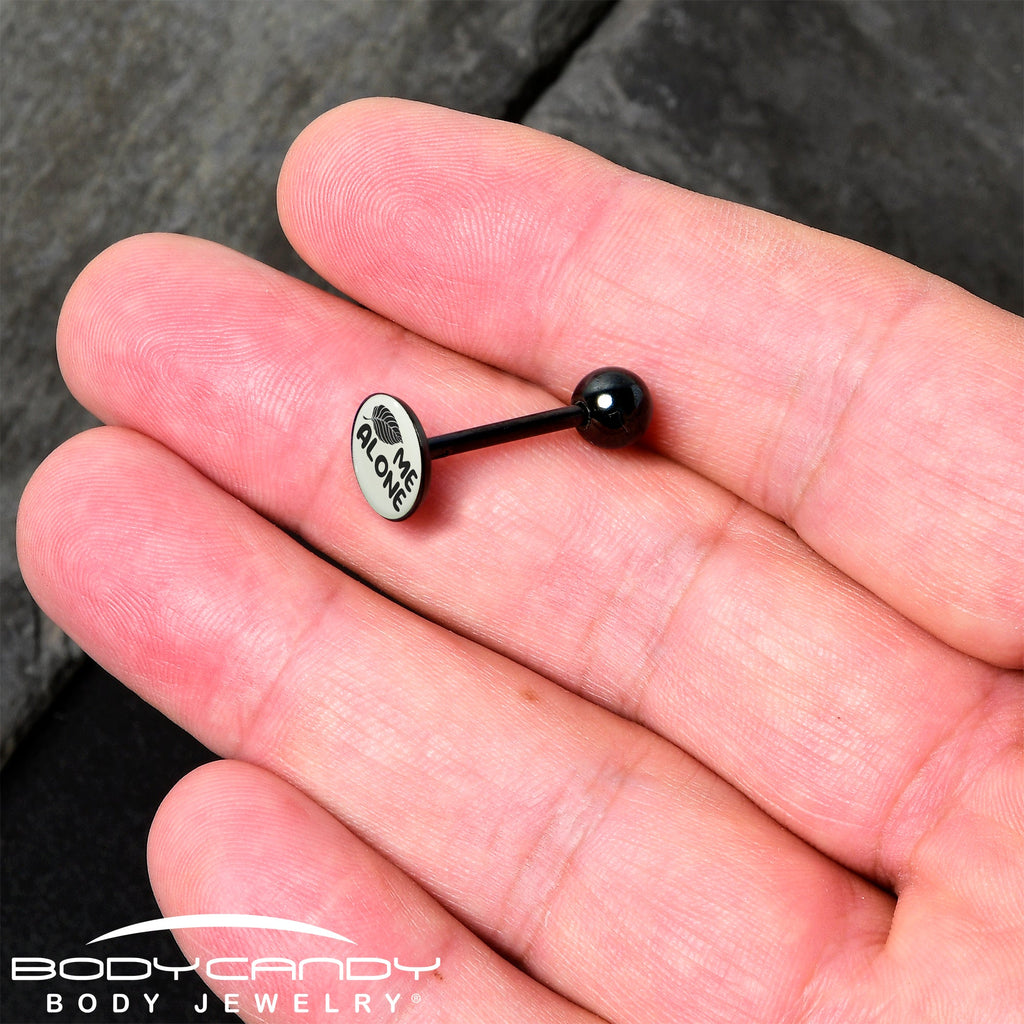 BodyCandy Glow in the Dark Black Anodized Leaf Me Alone Barbell Tongue Ring by Onyx O — side view