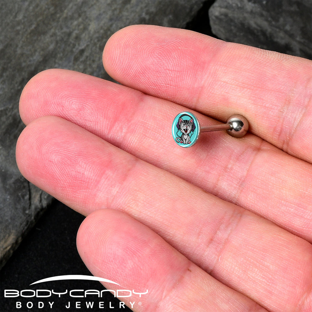 BodyCandy Heavy Metal Kitty Cat Barbell Tongue Ring by Onyx O — detail close-up
