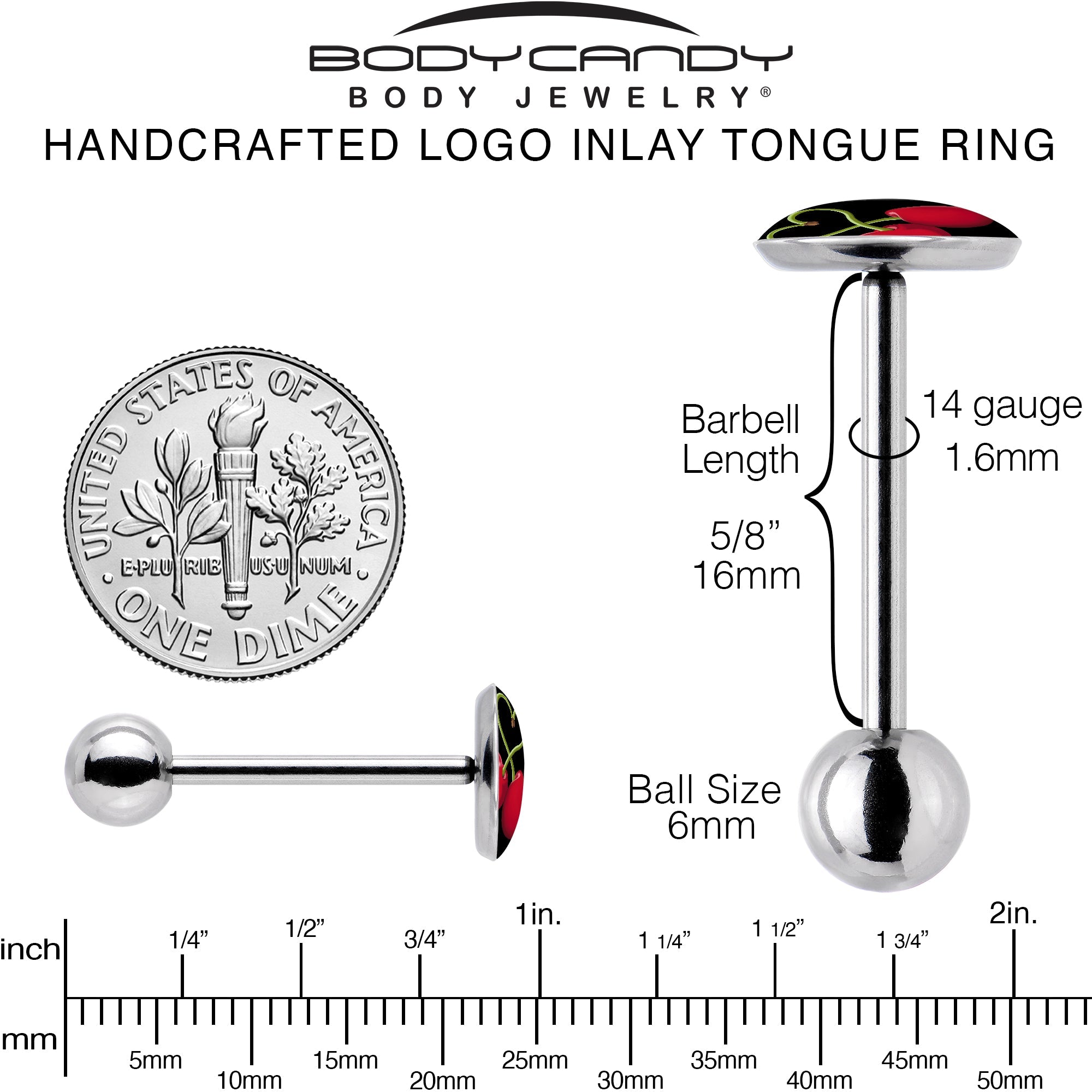 BodyCandy Cherry Heart Barbell Tongue Ring by Onyx O — back view