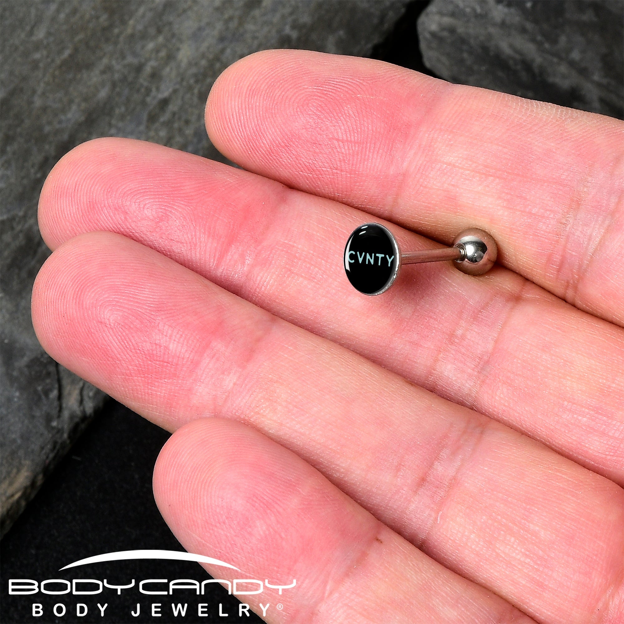 BodyCandy Phrase Logo CVNTY Barbell Tongue Ring by Onyx O — detail close-up