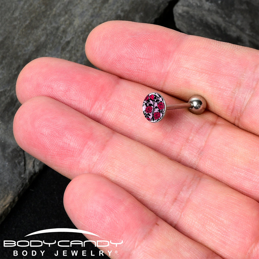 BodyCandy Blossom Creation Floral Love of Roses Barbell Tongue Ring by Onyx O — detail close-up