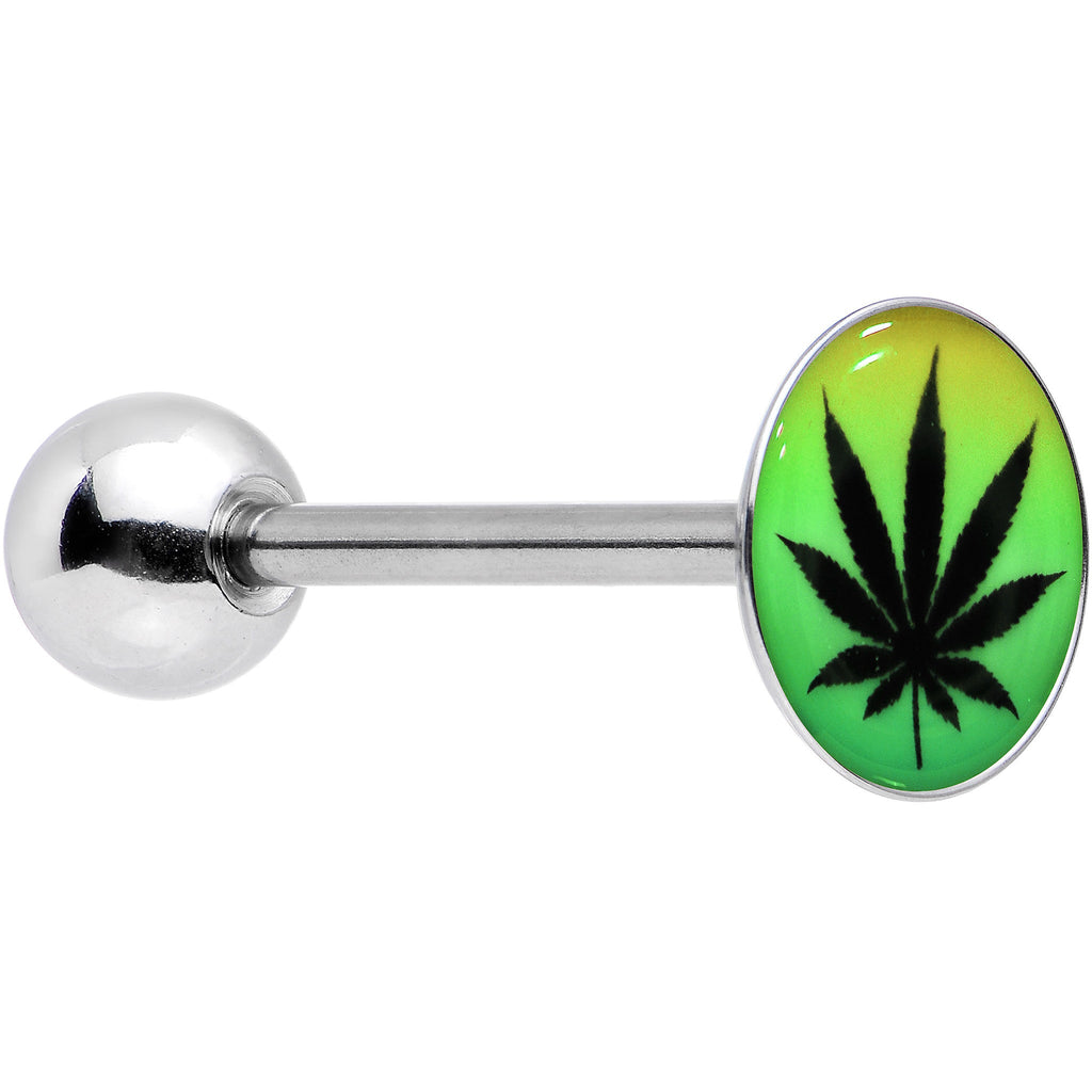 BodyCandy Ganja Leaf Glow in the Dark Logo Stainless Steel Barbell Tongue Ring — detail close-up