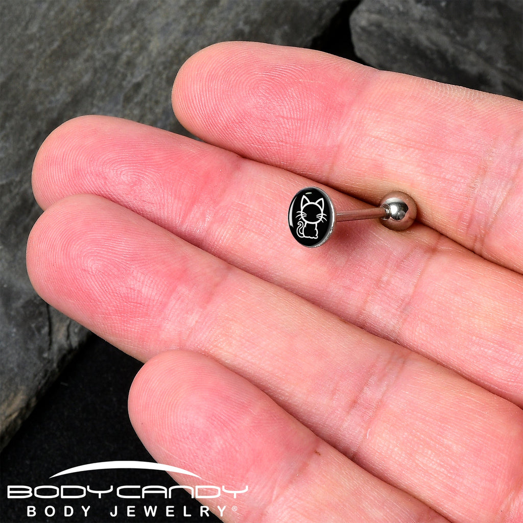 BodyCandy Black and White Kitty Cat Barbell Tongue Ring by Onyx O — detail close-up