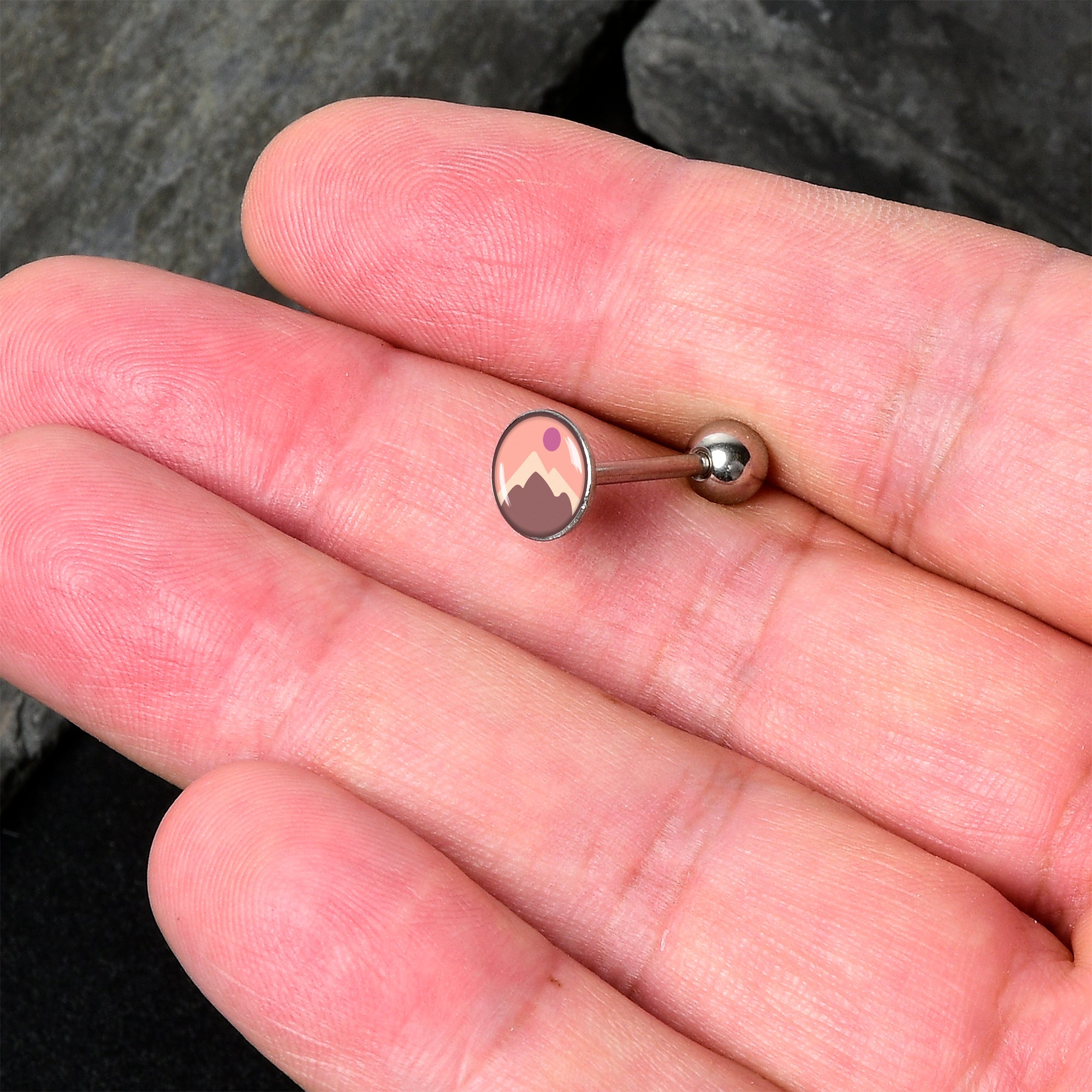 BodyCandy Mountain Sunrise Barbell Tongue Ring by Onyx O — detail close-up