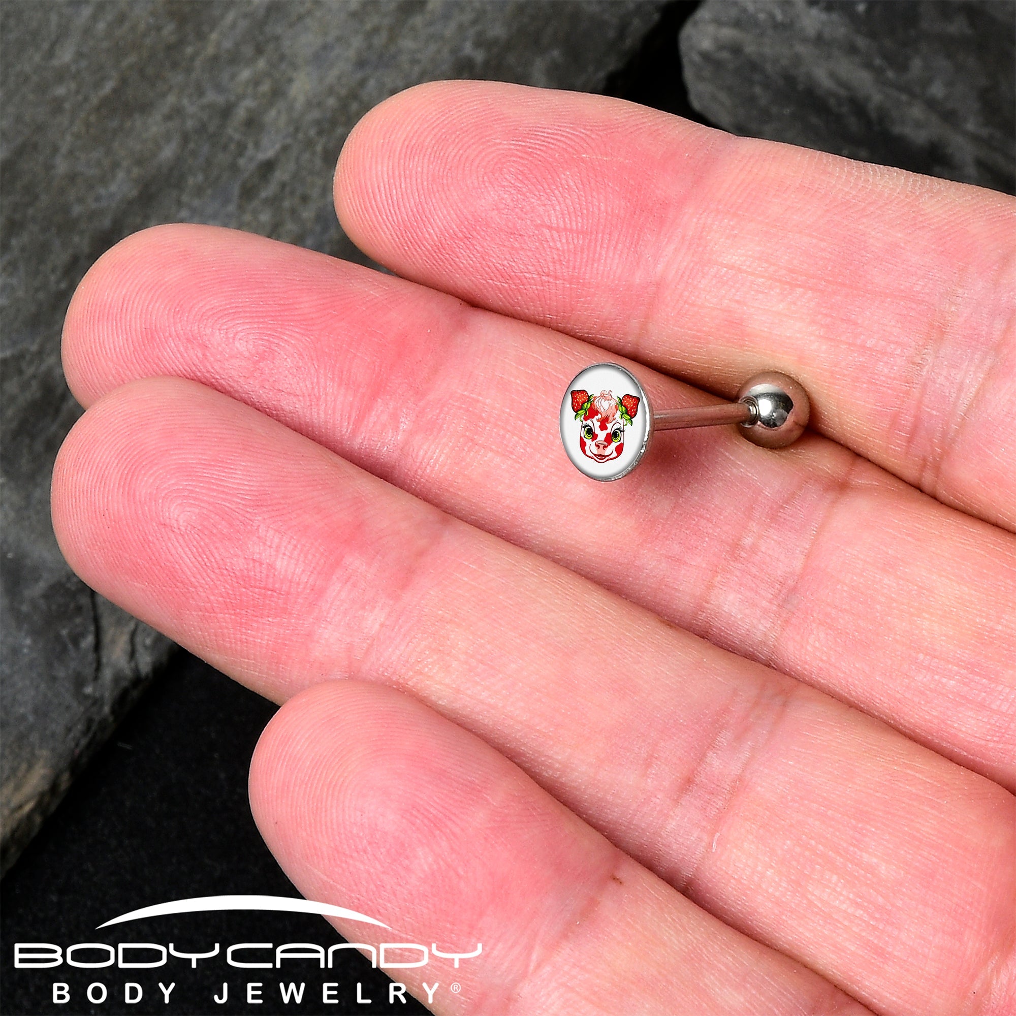 BodyCandy Stawberry Cow Barbell Tongue Ring by Onyx O — detail close-up