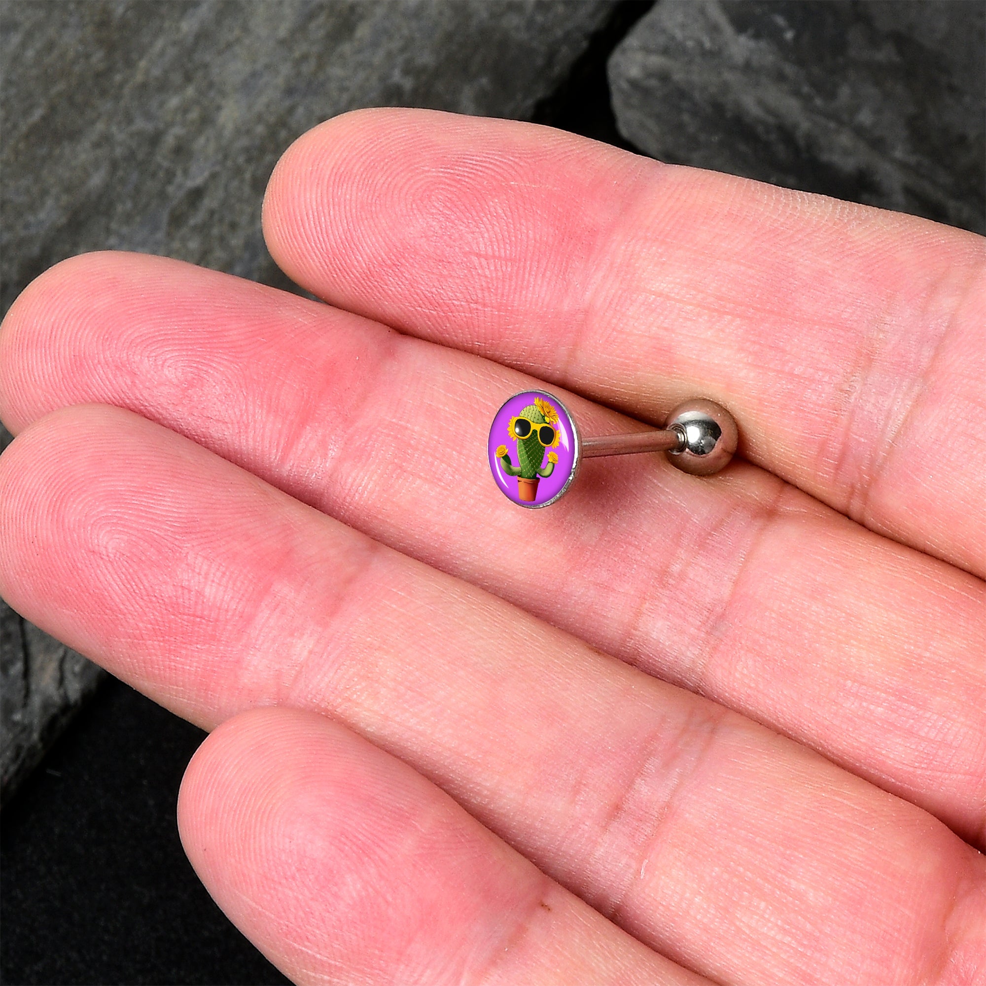 BodyCandy Sunflower Cactus Barbell Tongue Ring by Onyx O — detail close-up