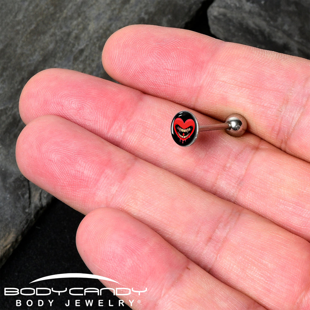 BodyCandy Valentine Heart Vampire Barbell Tongue Ring — detail close-up