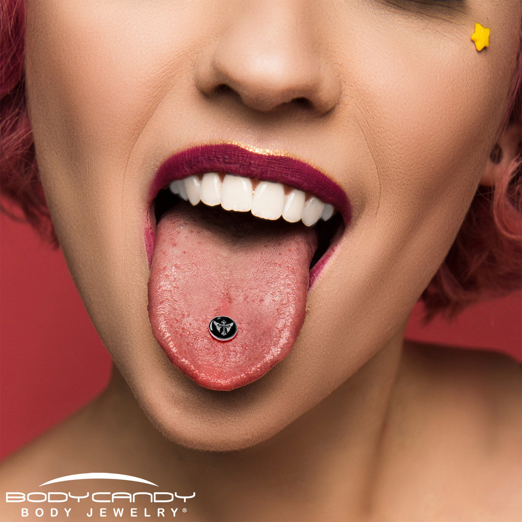 BodyCandy Black White Winged Cross Barbell Tongue Ring by Onyx O — alternative angle