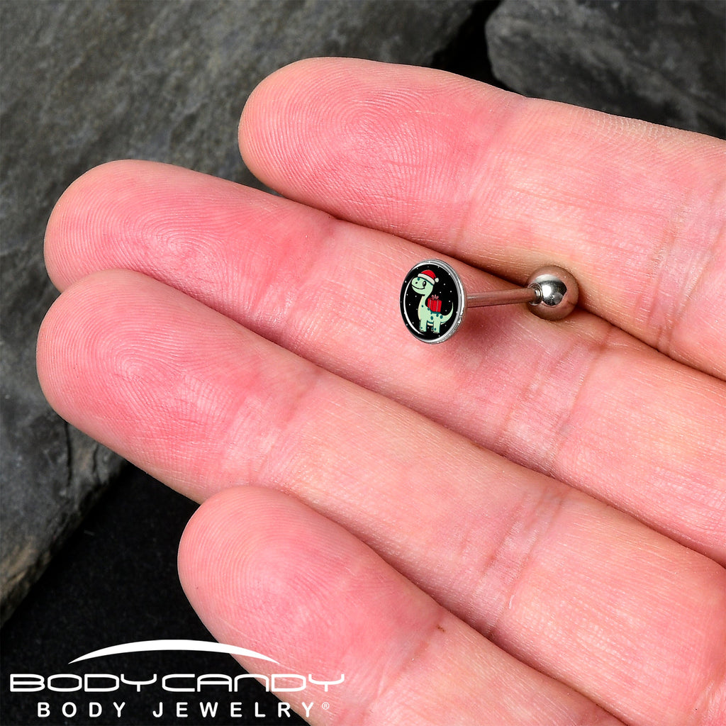 BodyCandy Christmas Holiday Dinosaur Barbell Tongue Ring by Onyx O — detail close-up