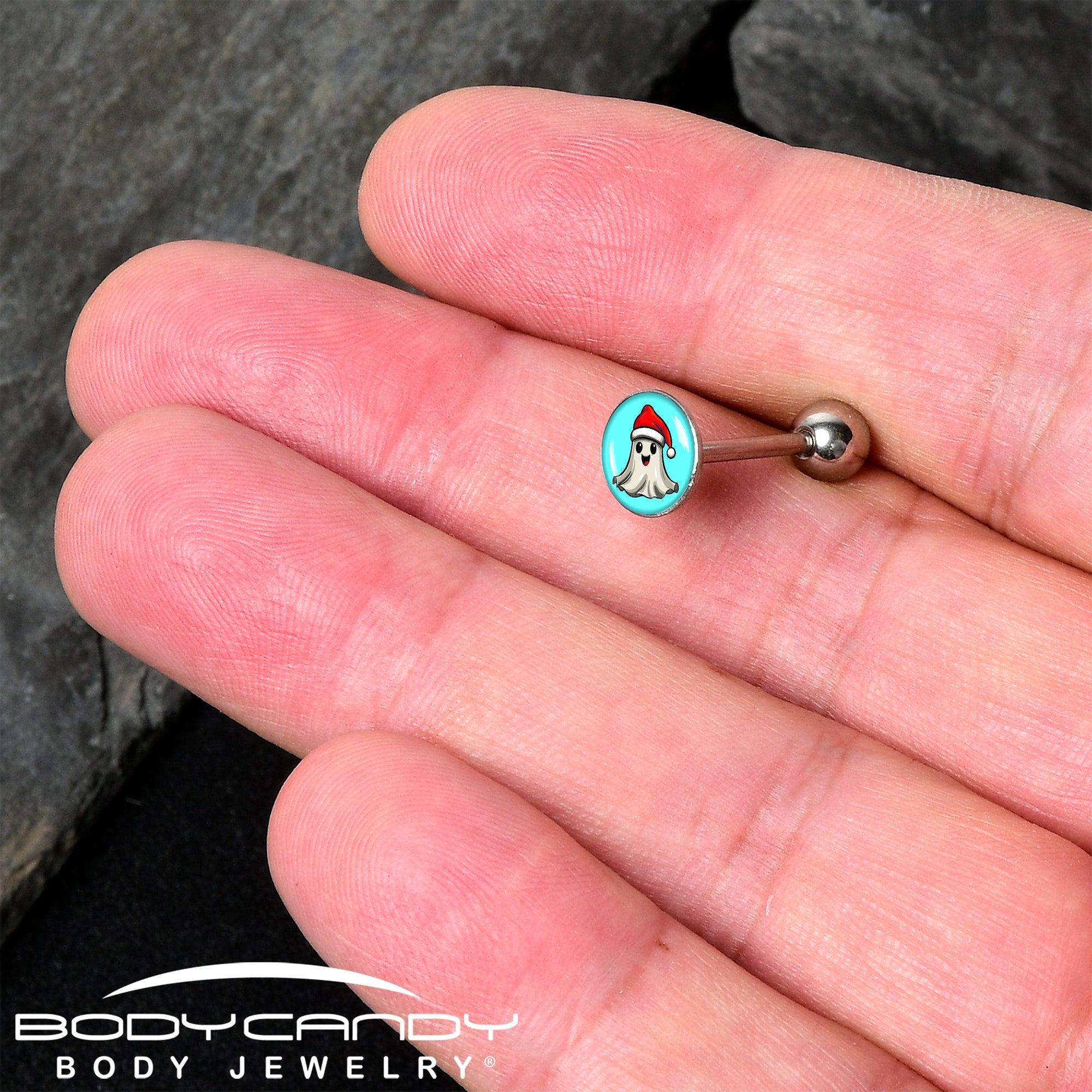 BodyCandy Holiday Christmas Spirit Ghost Barbell Tongue Ring by Onyx O — detail close-up