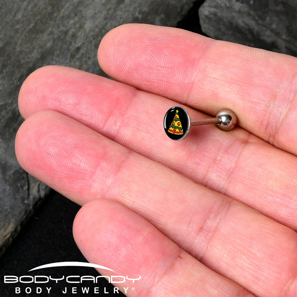 BodyCandy Christmas Holiday Pizza Tree Barbell Tongue Ring by Onyx O — detail close-up