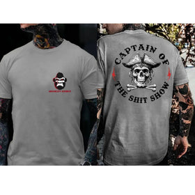 "Captain Of The Shit Show" T-Shirt - Skull Print Men's Tee, Funny & Casual Crewneck Top