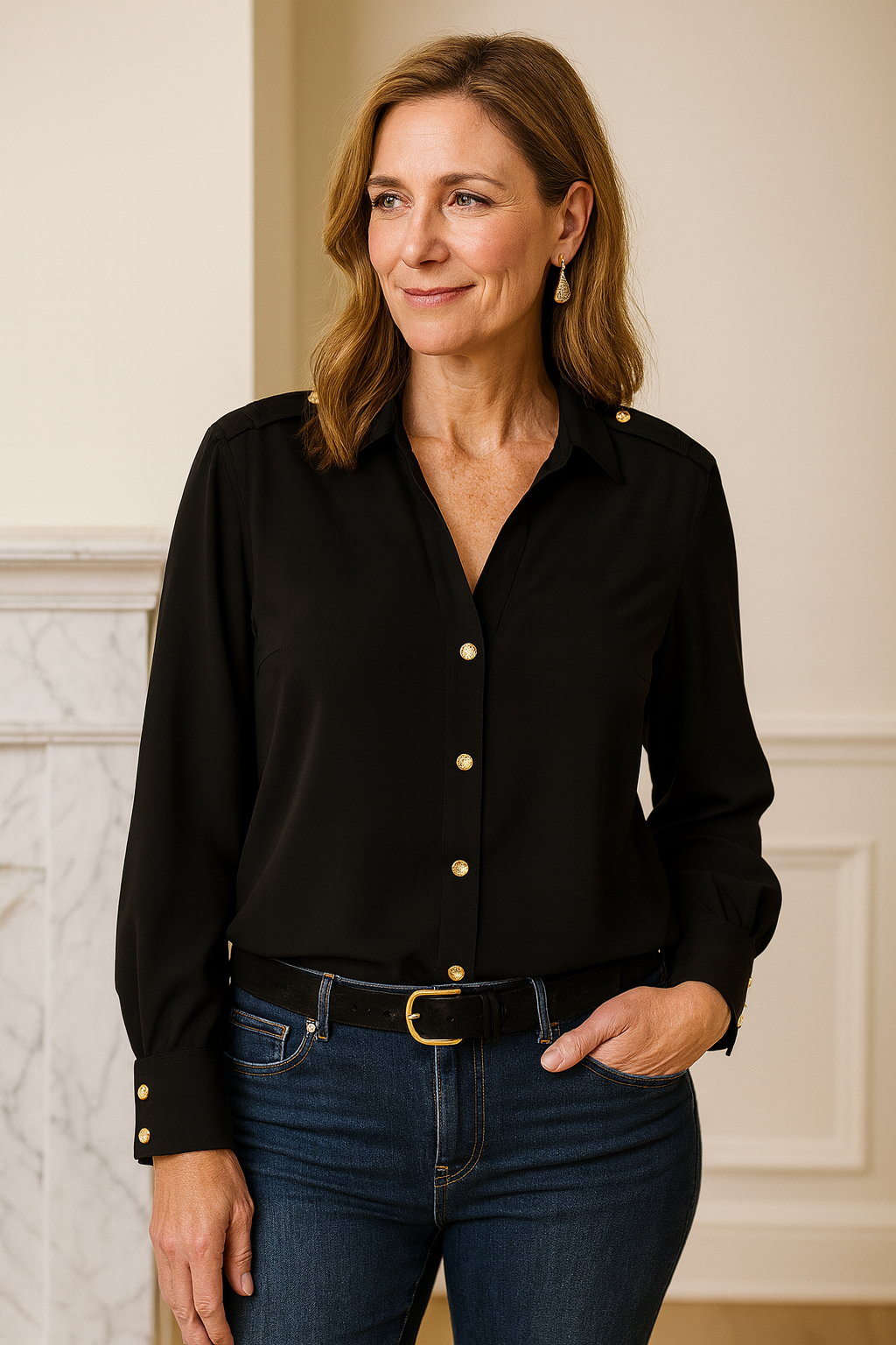 KADOU BOUTIQUE Timeless Black Shirt with Gold Accents by Molly Bracken — main product shot