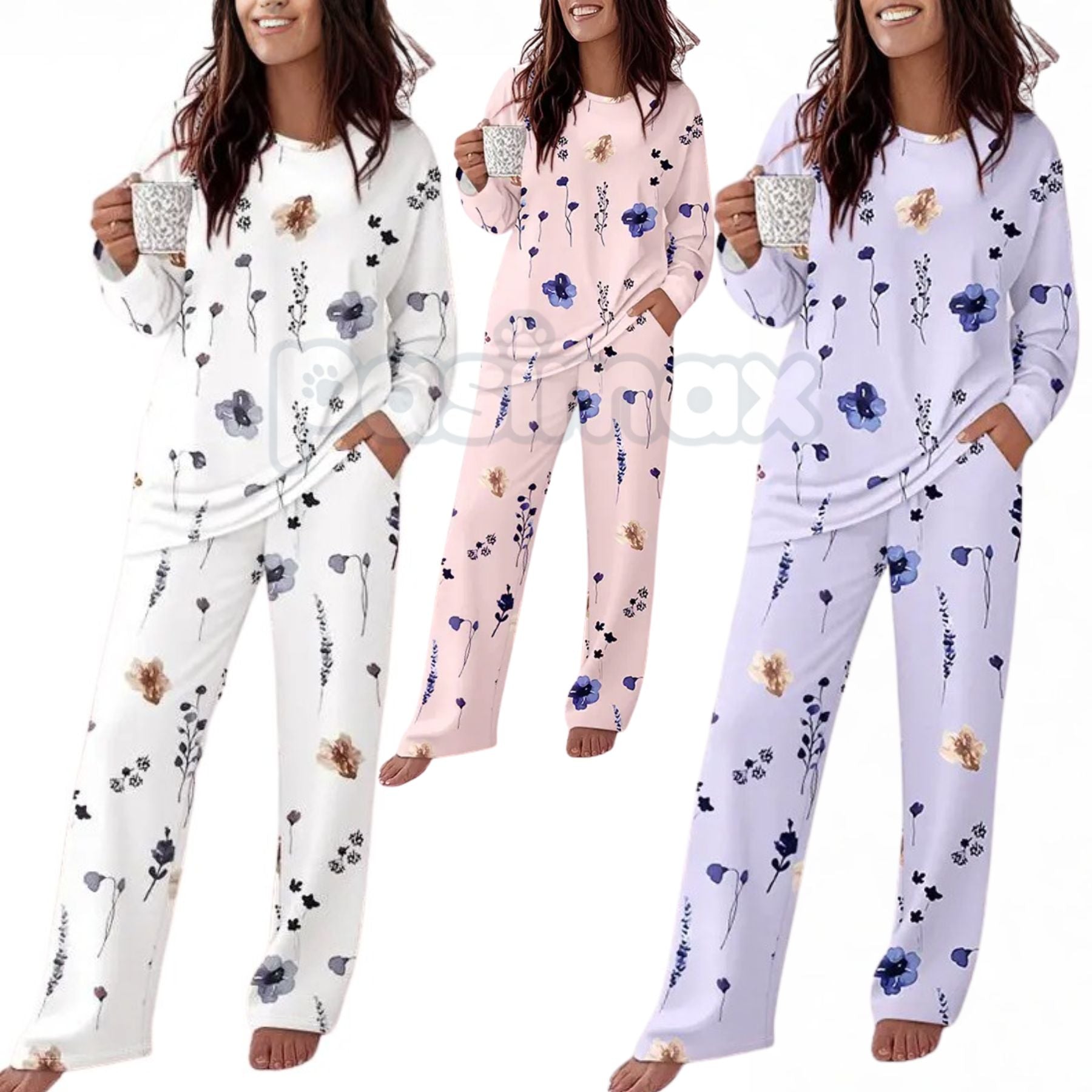 Pasimax ChicMe Women's Floral Print Lounge Set - Long Sleeve Top & Casual Pants with Pockets, Comfortable Home Wear — main pr