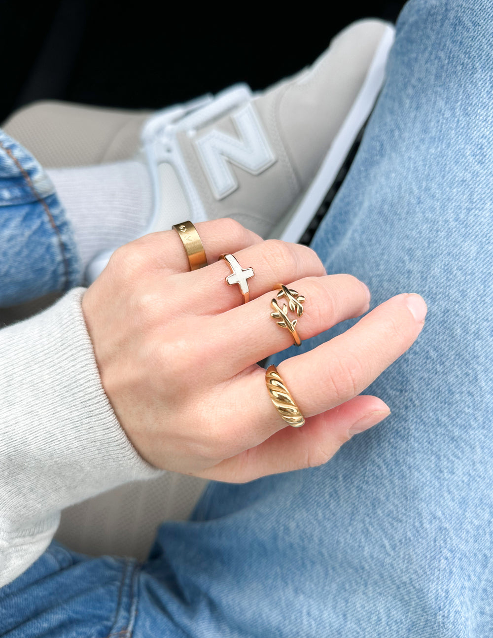 Elevated Faith White Enamel Cross Ring — lifestyle context