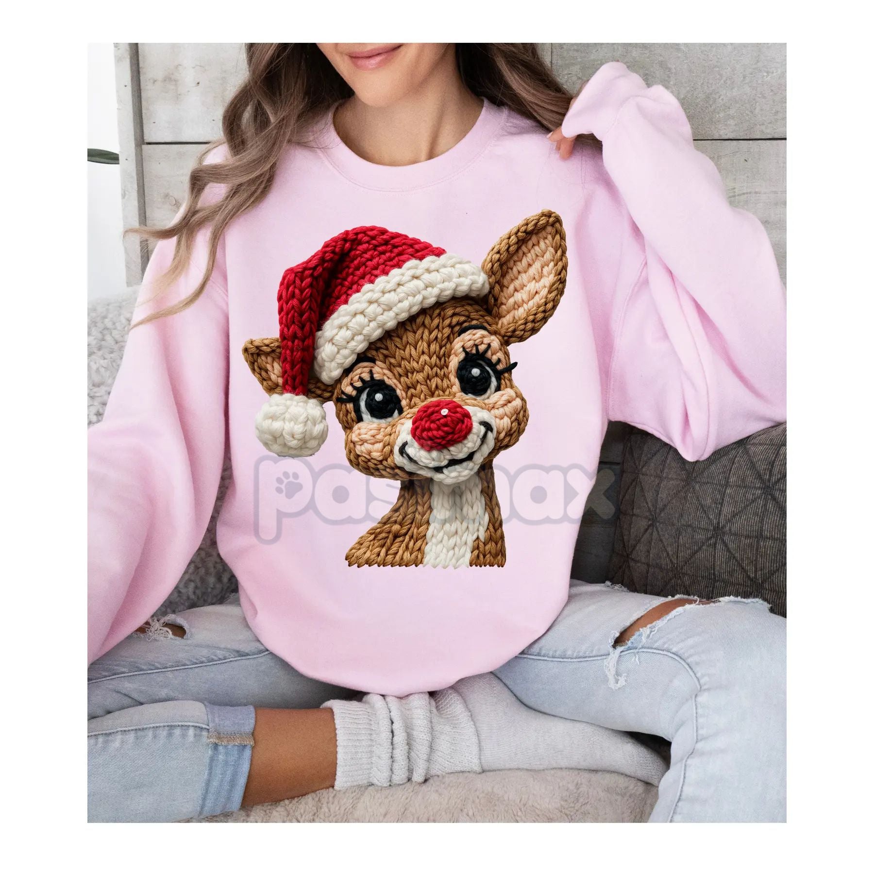 Pasimax Classic Red Nose Reindeer & Santa Hat Holiday Sweatshirt – Whimsical Christmas Crewneck — main product shot