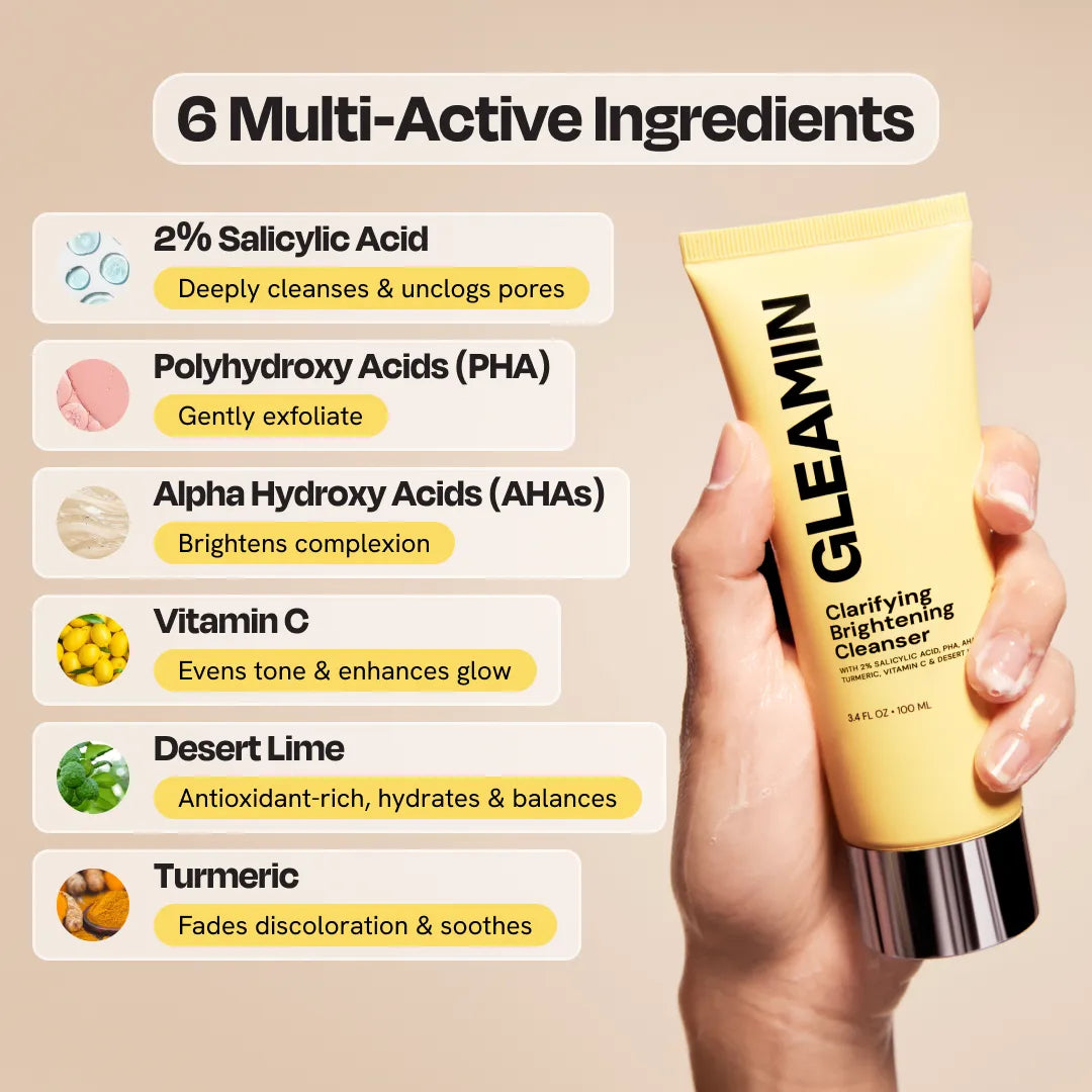 Gleamin Clarifying Brightening Cleanser — lathered on face demo