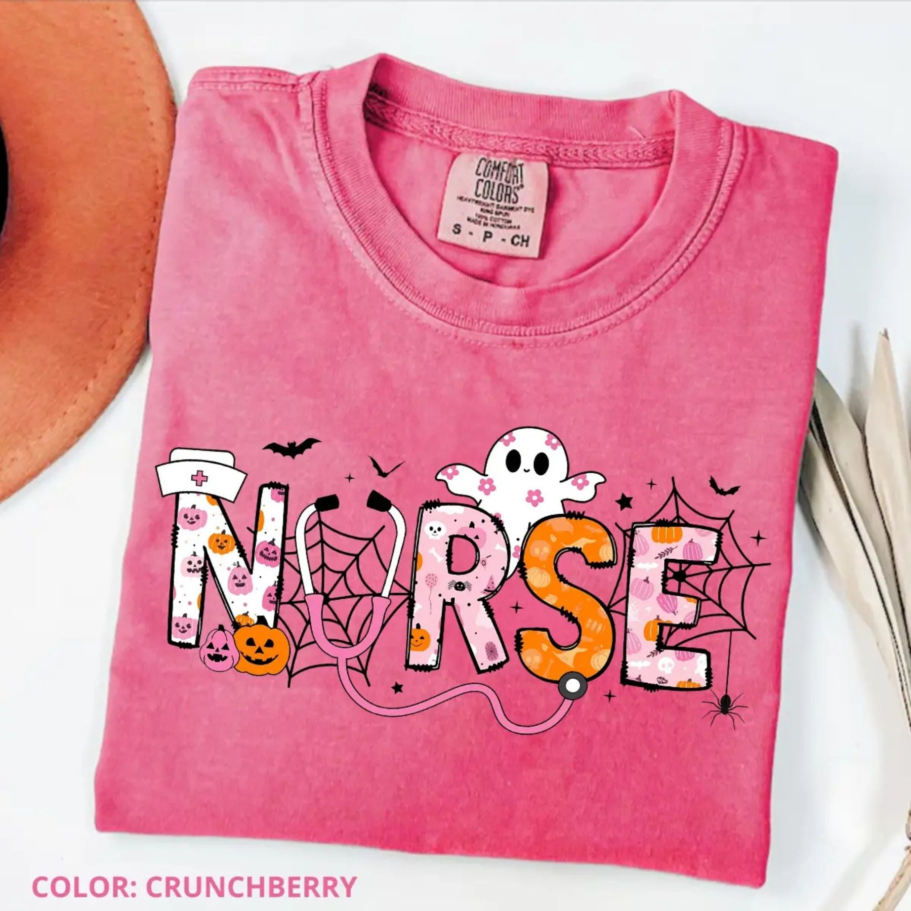Pasimax Comfort Colors Spooky Nurse Halloween Shirt — detail close-up