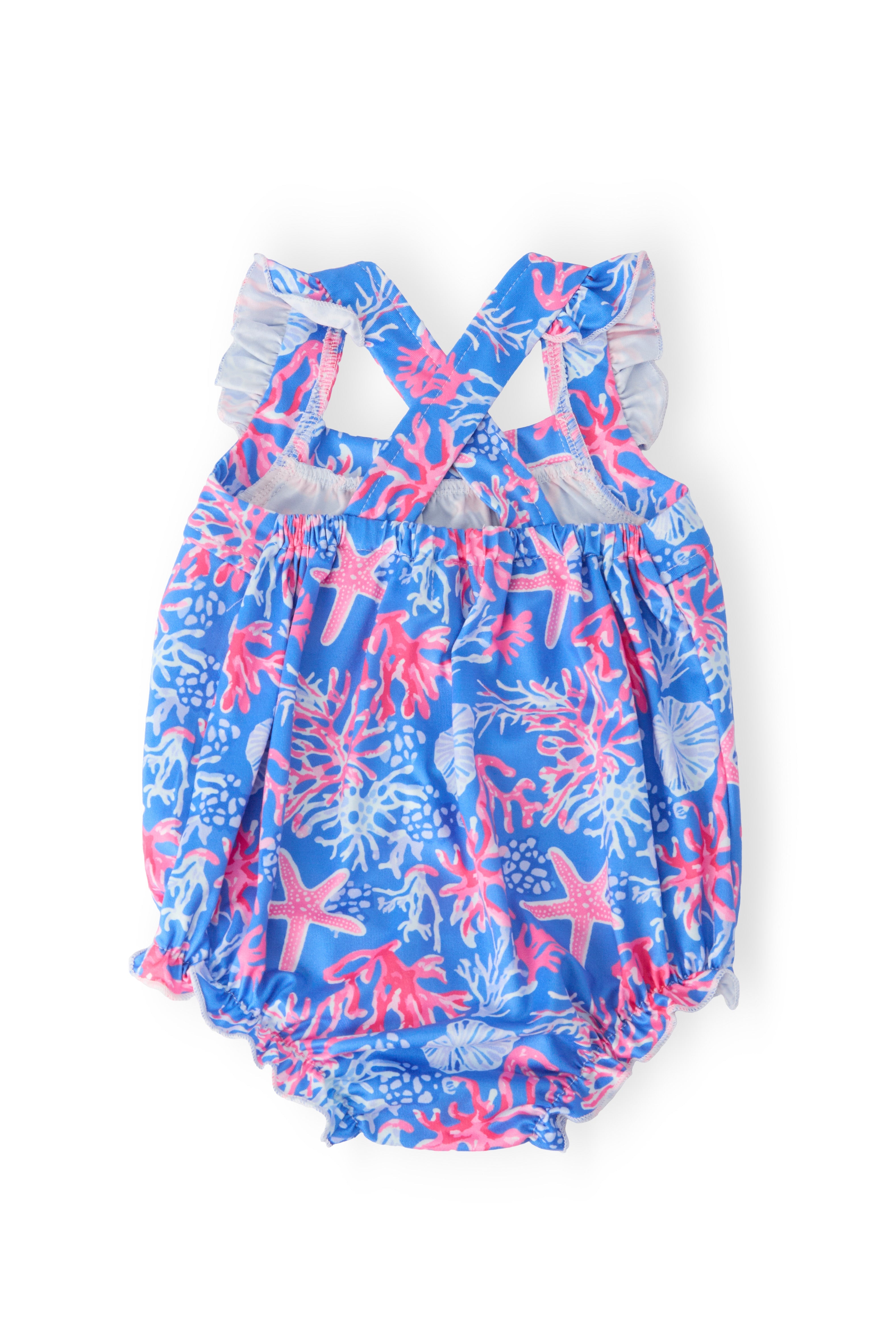 Mila & Rose ® Coral Cove Ruffle Cross Back Romper — detail close-up